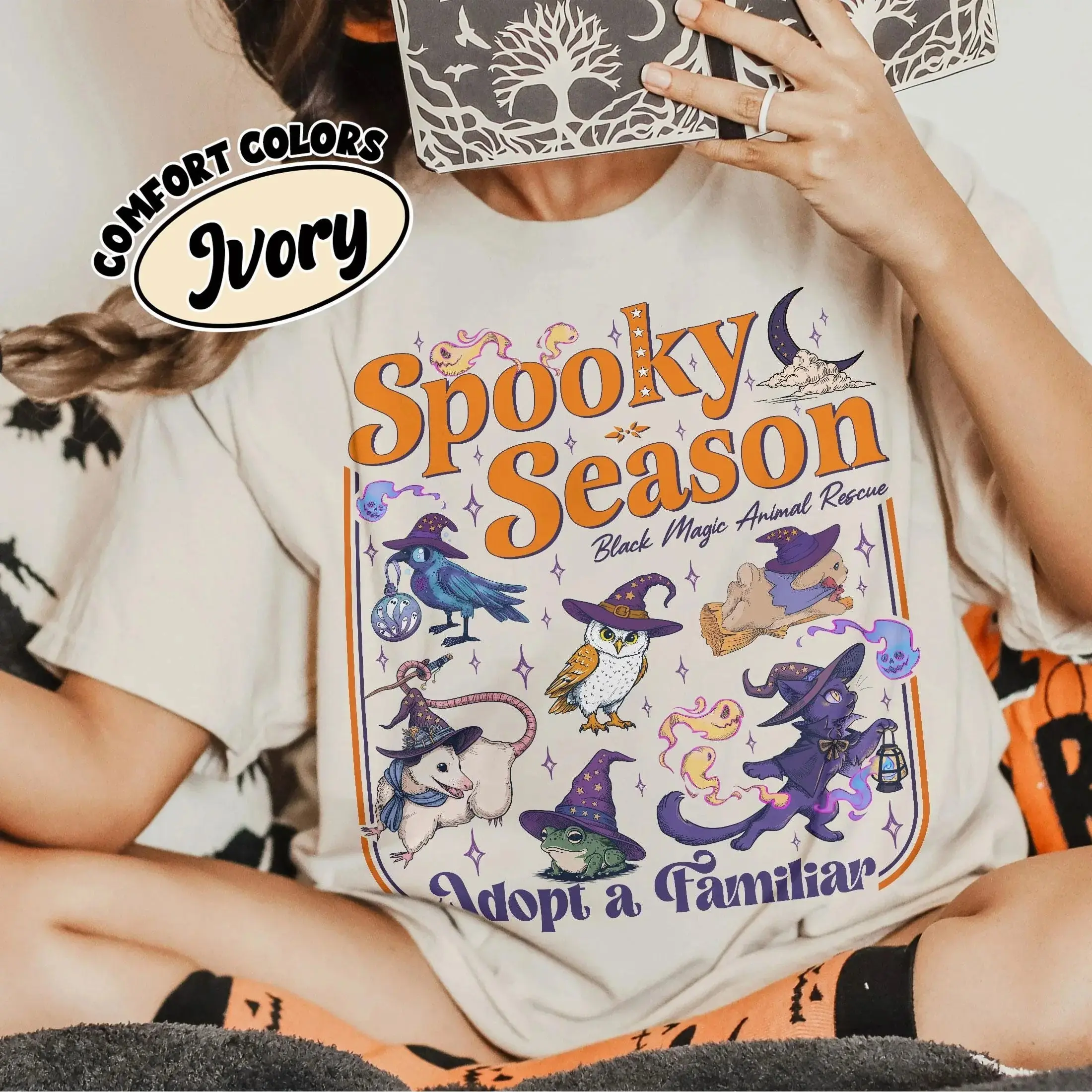 Comfort Colors Spooky Season Shirt, Black Magic Adopt A Familiar Witchy Halloween Animal Rescue Tee for Cat Lovers - photo 2