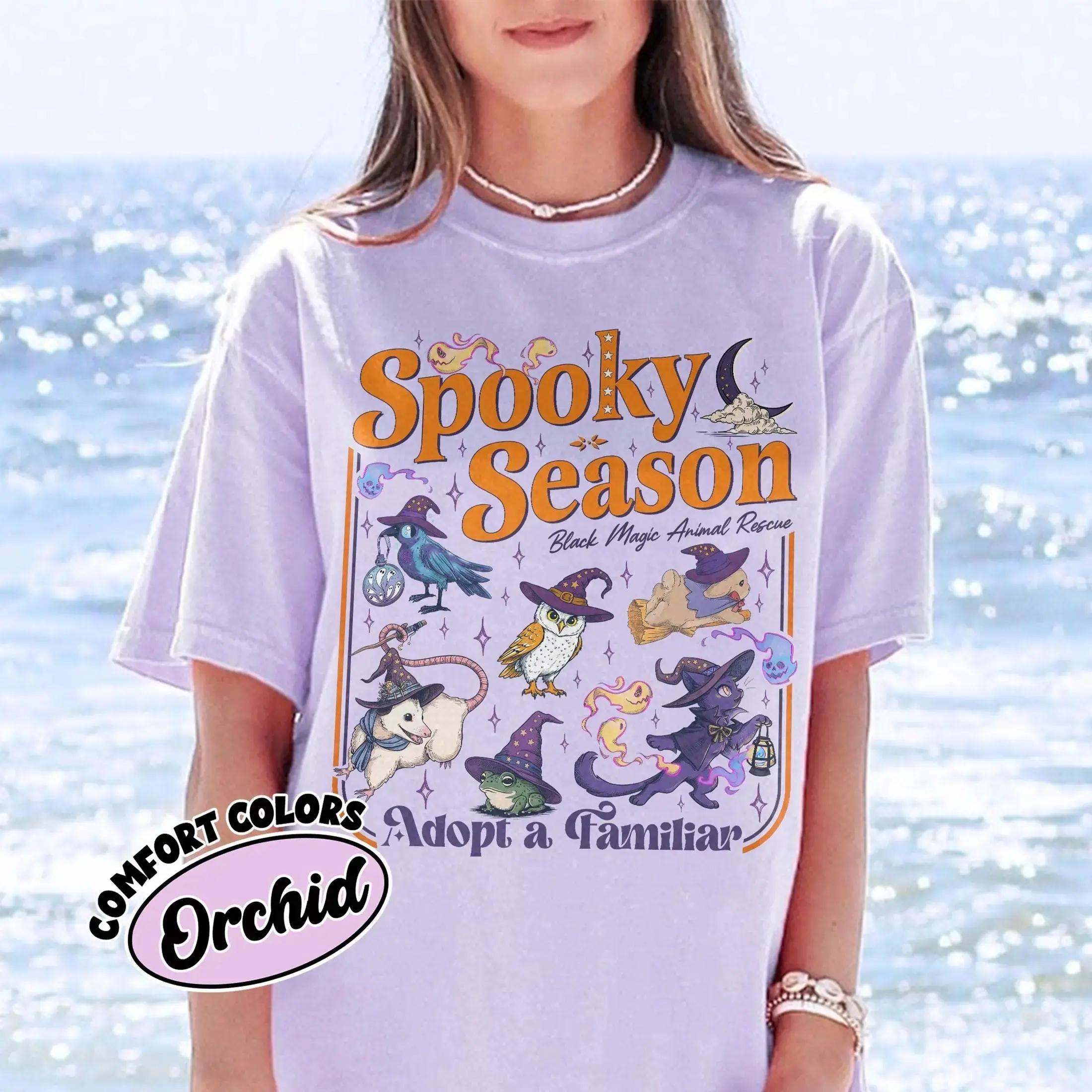 Comfort Colors Spooky Season Shirt, Black Magic Adopt A Familiar Witchy Halloween Animal Rescue Tee for Cat Lovers - photo 3