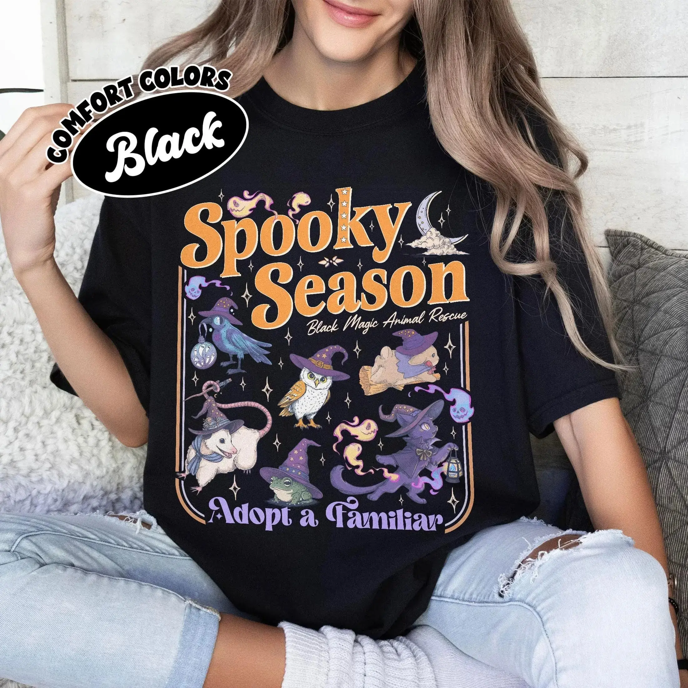 Comfort Colors Spooky Season Shirt, Black Magic Adopt A Familiar Witchy Halloween Animal Rescue Tee for Cat Lovers - photo 4