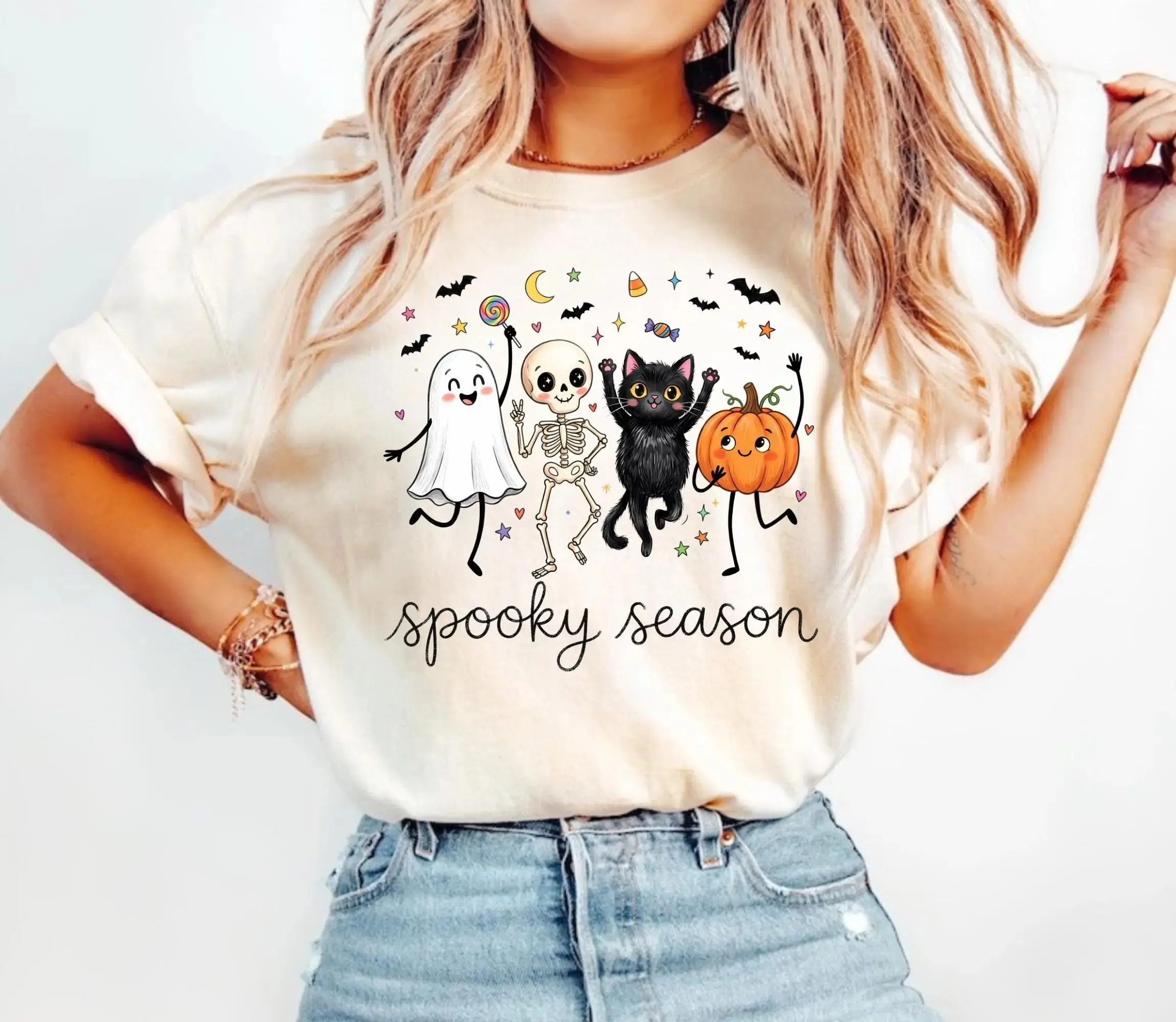 Comfort Colors Spooky Season Shirt, Cute Ghost Skeleton Pumpkin Cat Halloween Trendy Fall Graphic Tee