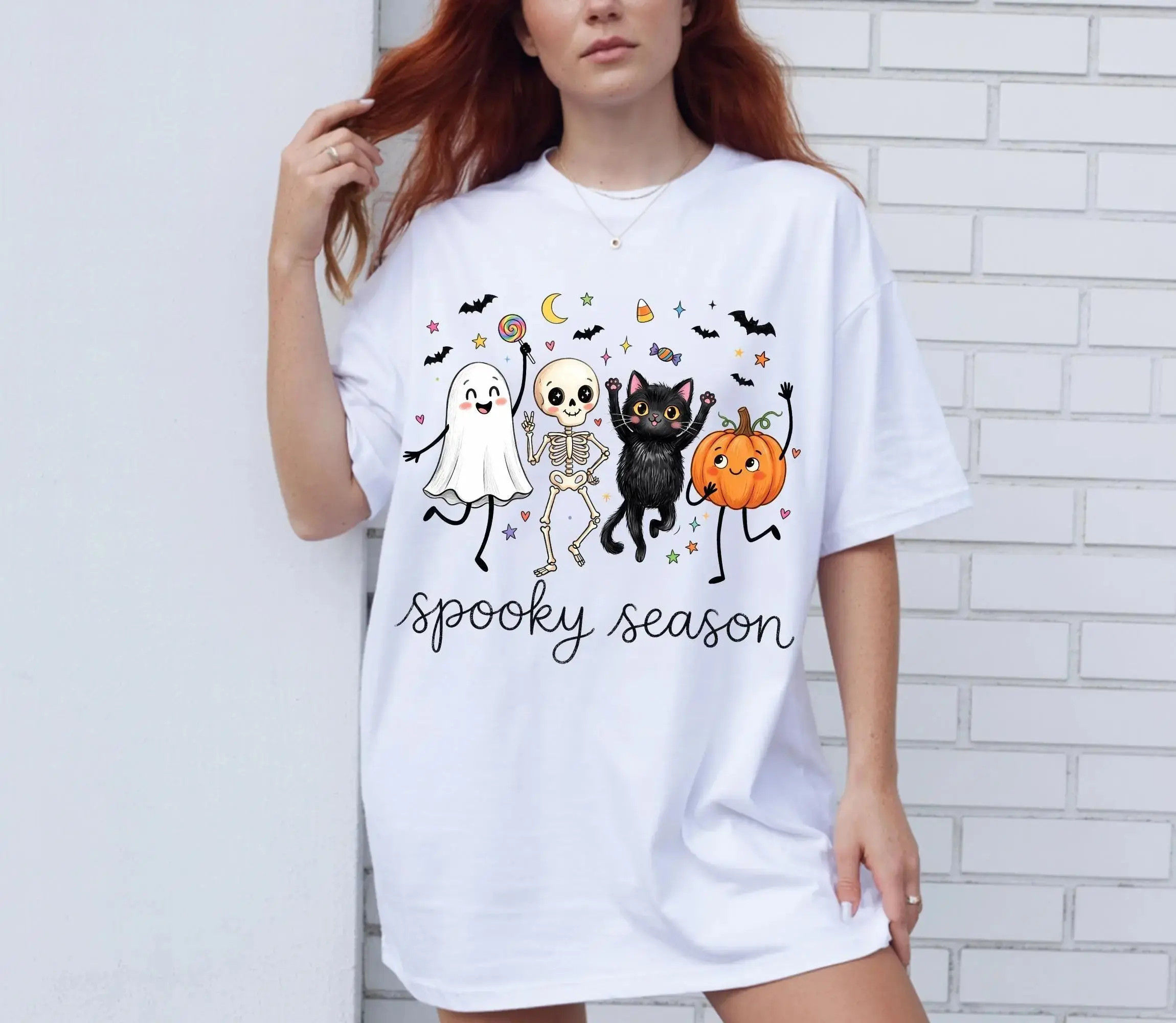 Comfort Colors Spooky Season Shirt, Cute Ghost Skeleton Pumpkin Cat Halloween Trendy Fall Graphic Tee - photo 2