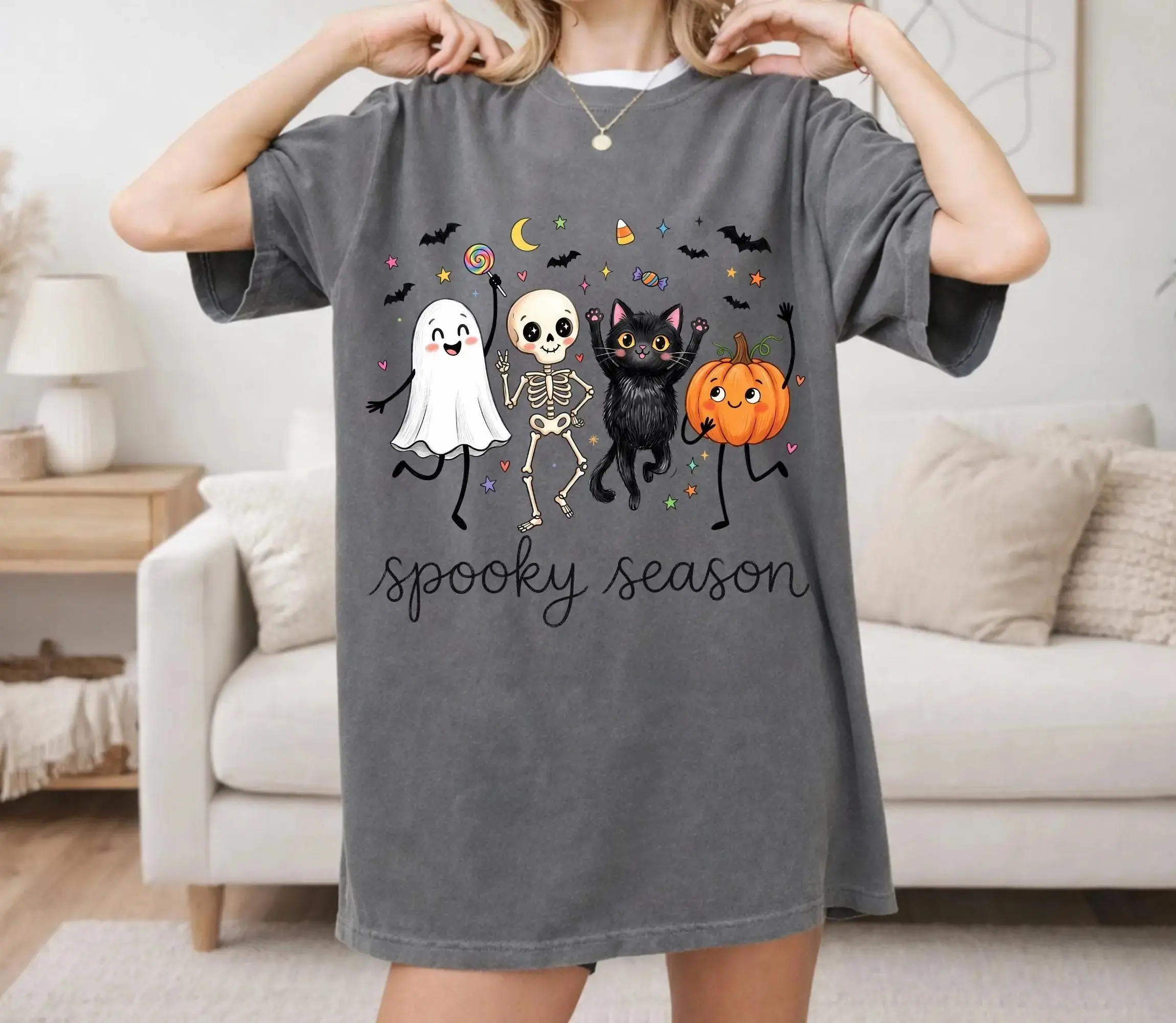 Comfort Colors Spooky Season Shirt, Cute Ghost Skeleton Pumpkin Cat Halloween Trendy Fall Graphic Tee - photo 3