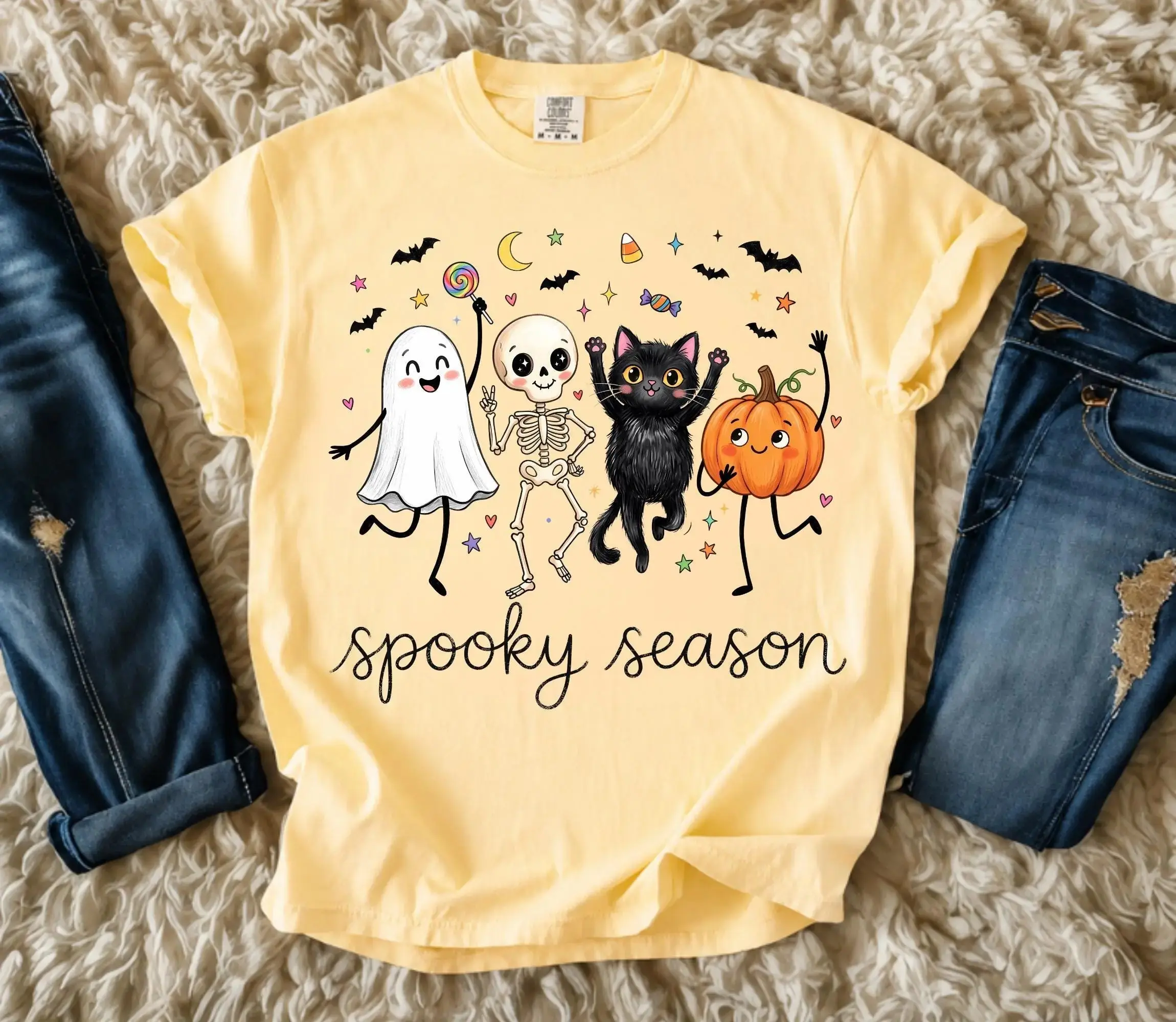 Comfort Colors Spooky Season Shirt, Cute Ghost Skeleton Pumpkin Cat Halloween Trendy Fall Graphic Tee - photo 4