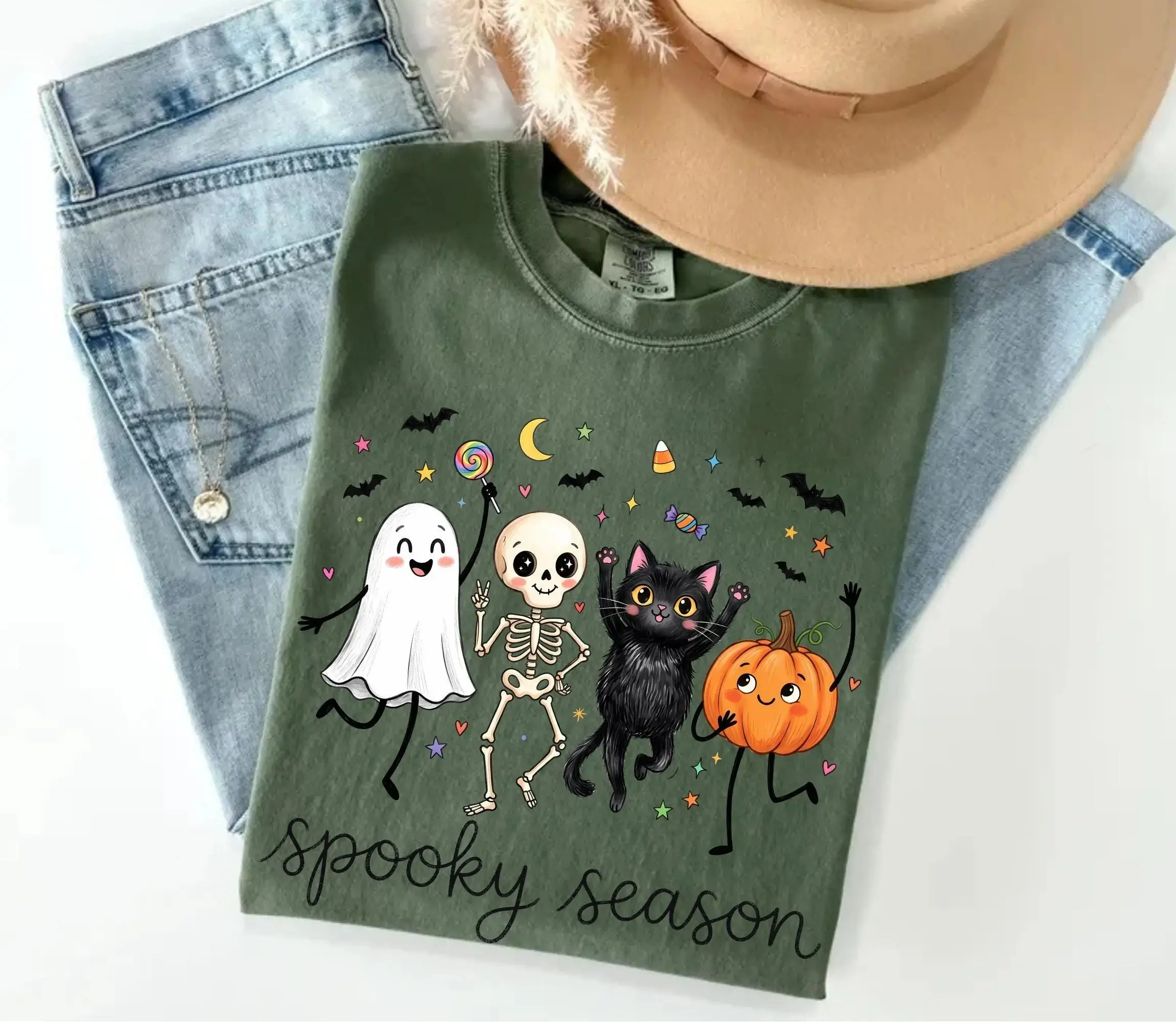 Comfort Colors Spooky Season Shirt, Cute Ghost Skeleton Pumpkin Cat Halloween Trendy Fall Graphic Tee - photo 5