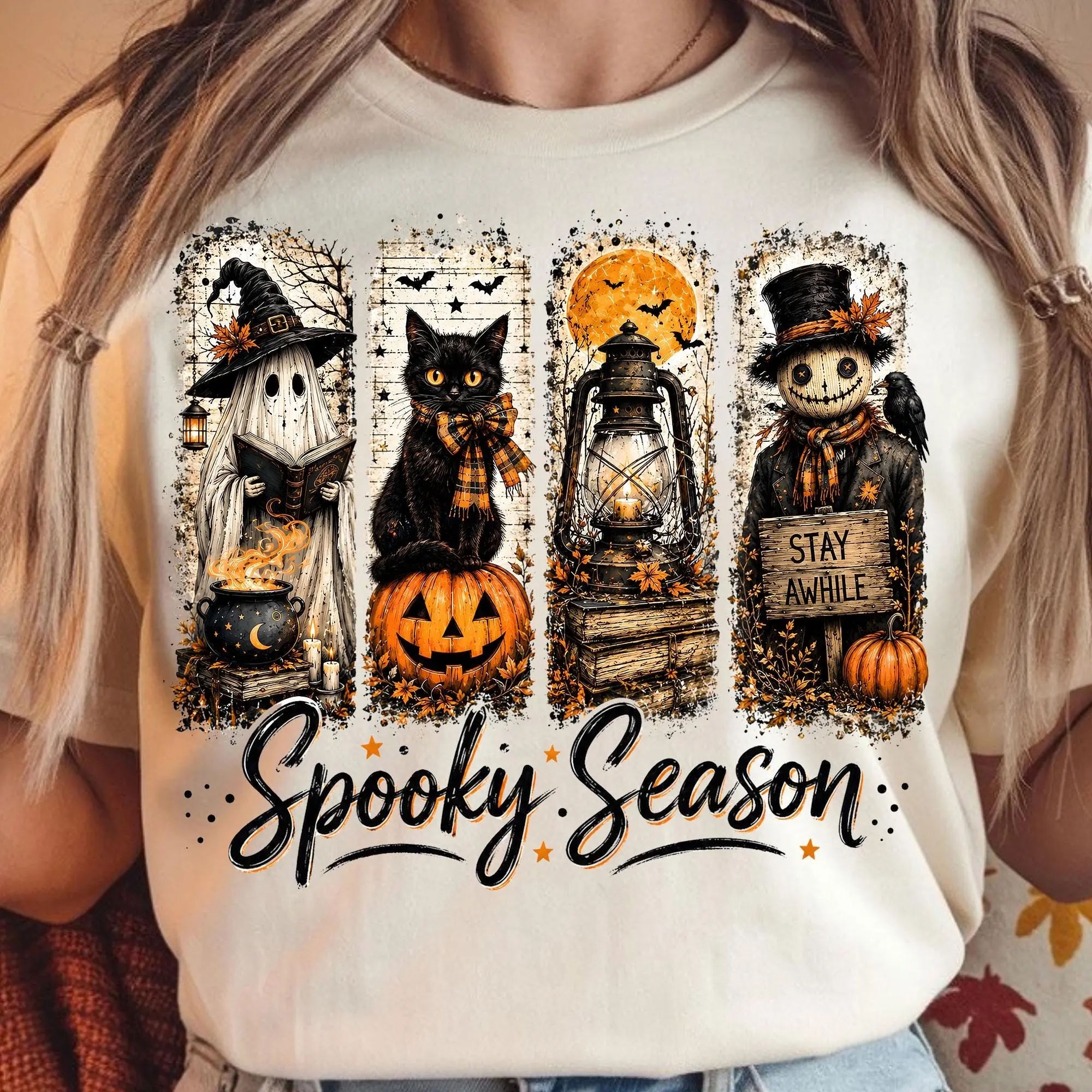 Comfort Colors Spooky Season Shirt, Halloween Witch Ghost Black Cat Tee, Pumpkin Scary Scarecrow Graphic Top - photo 2