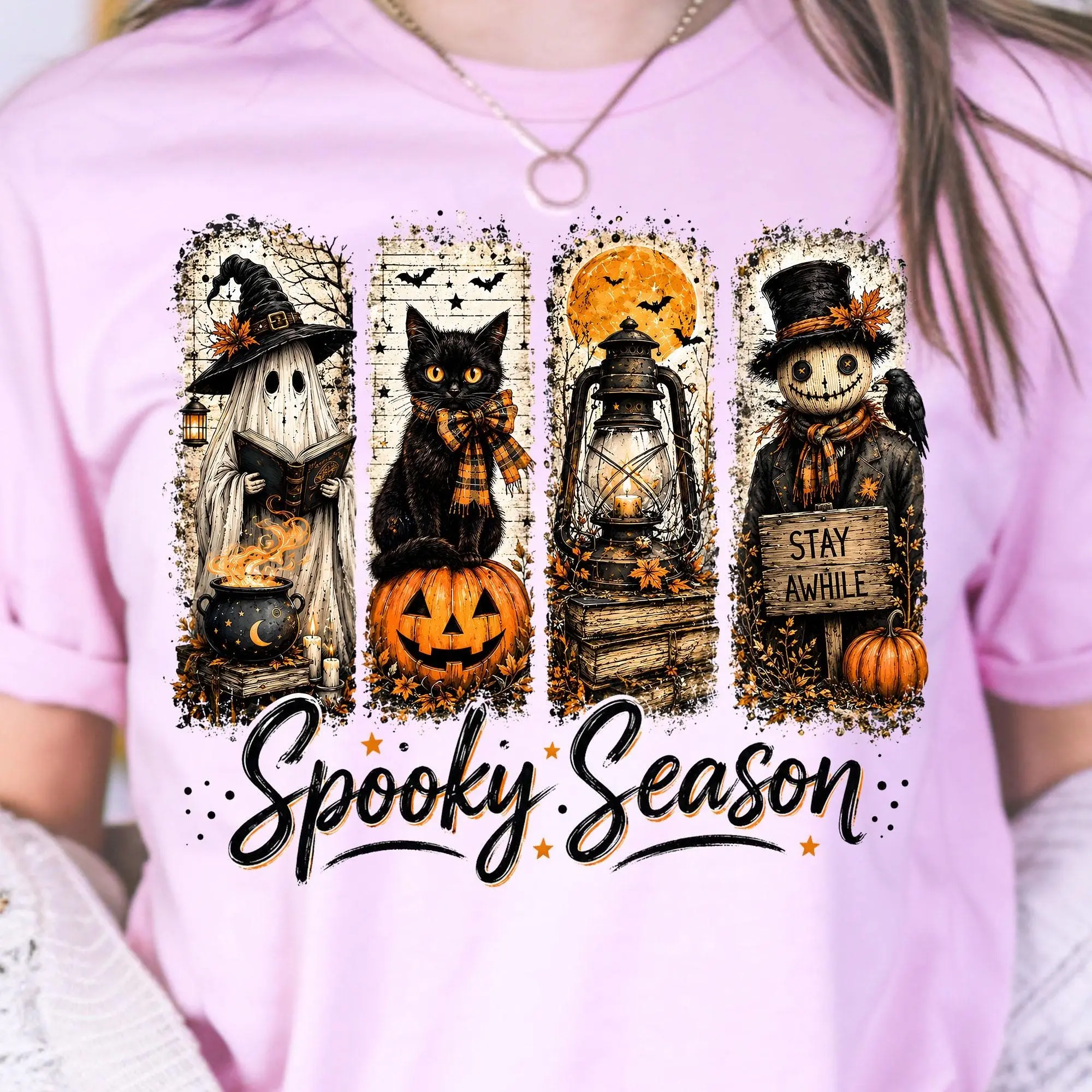 Comfort Colors Spooky Season Shirt, Halloween Witch Ghost Black Cat Tee, Pumpkin Scary Scarecrow Graphic Top - photo 3