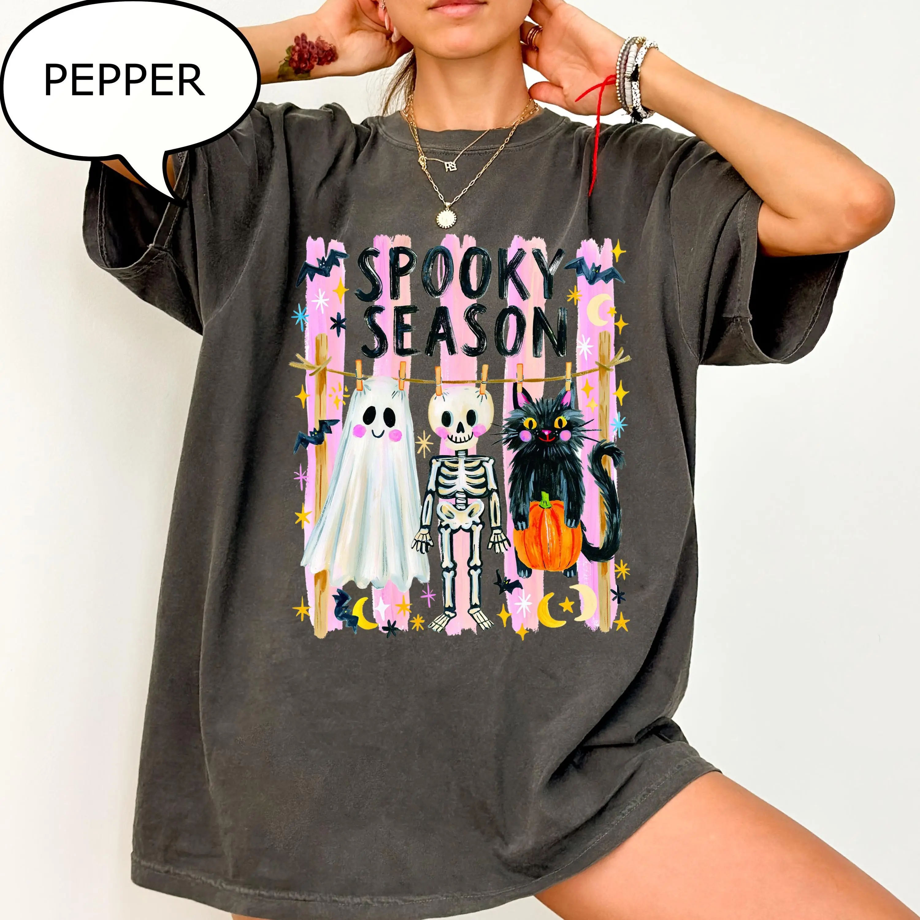 Comfort Colors Spooky Season T-Shirt, Halloween Ghost Cat Skeleton Graphic Tee, Cute Fall Gift