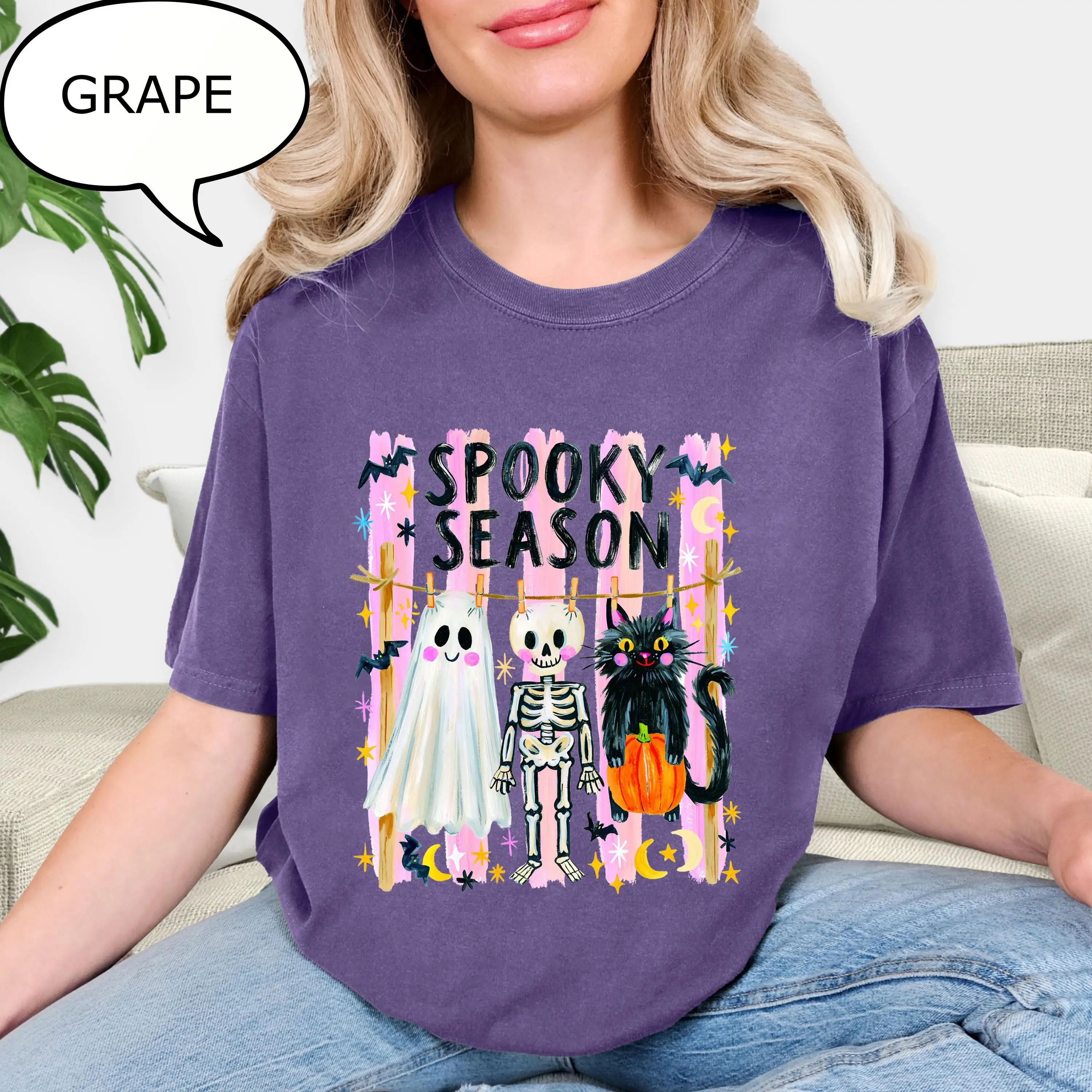 Comfort Colors Spooky Season T-Shirt, Halloween Ghost Cat Skeleton Graphic Tee, Cute Fall Gift - photo 2