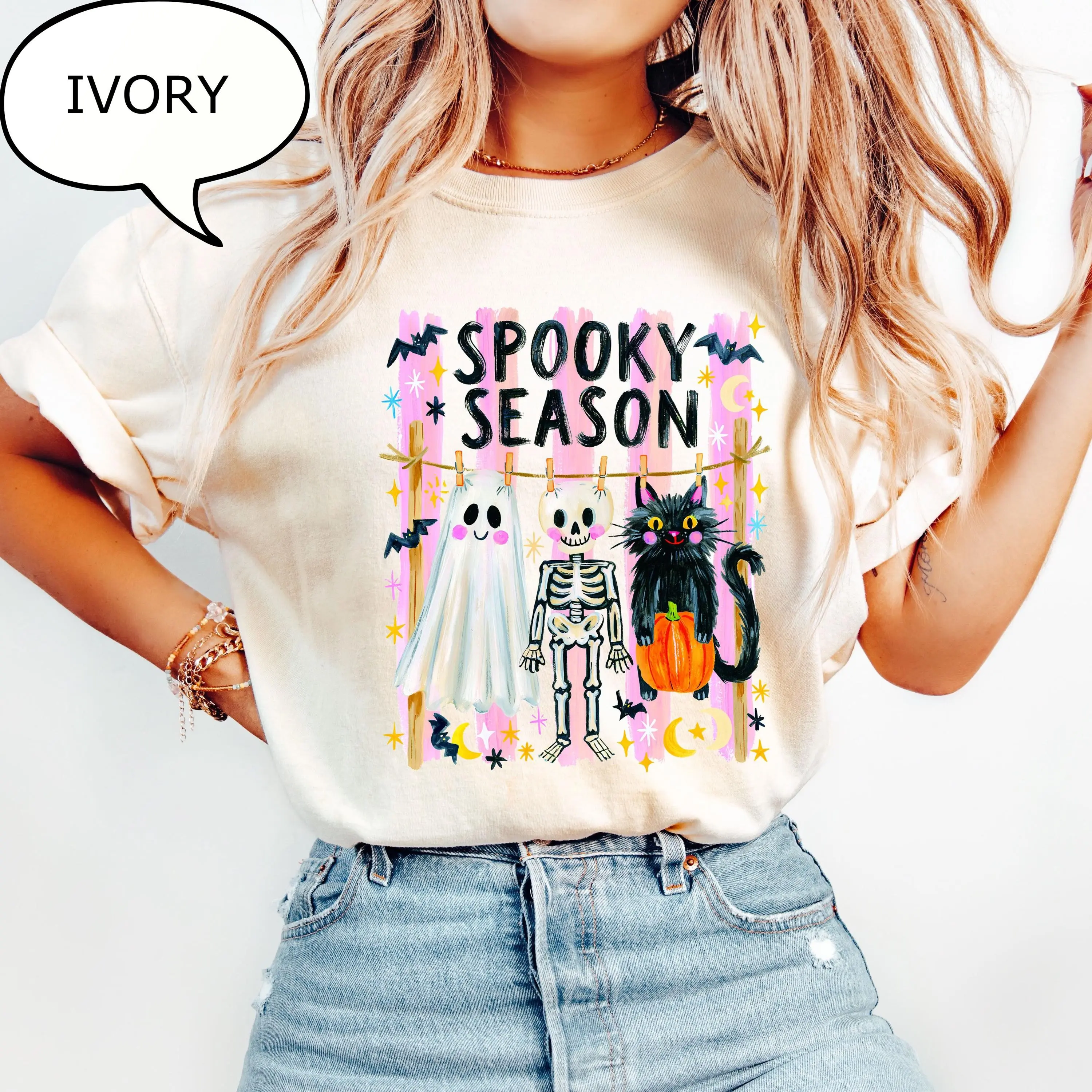 Comfort Colors Spooky Season T-Shirt, Halloween Ghost Cat Skeleton Graphic Tee, Cute Fall Gift - photo 3