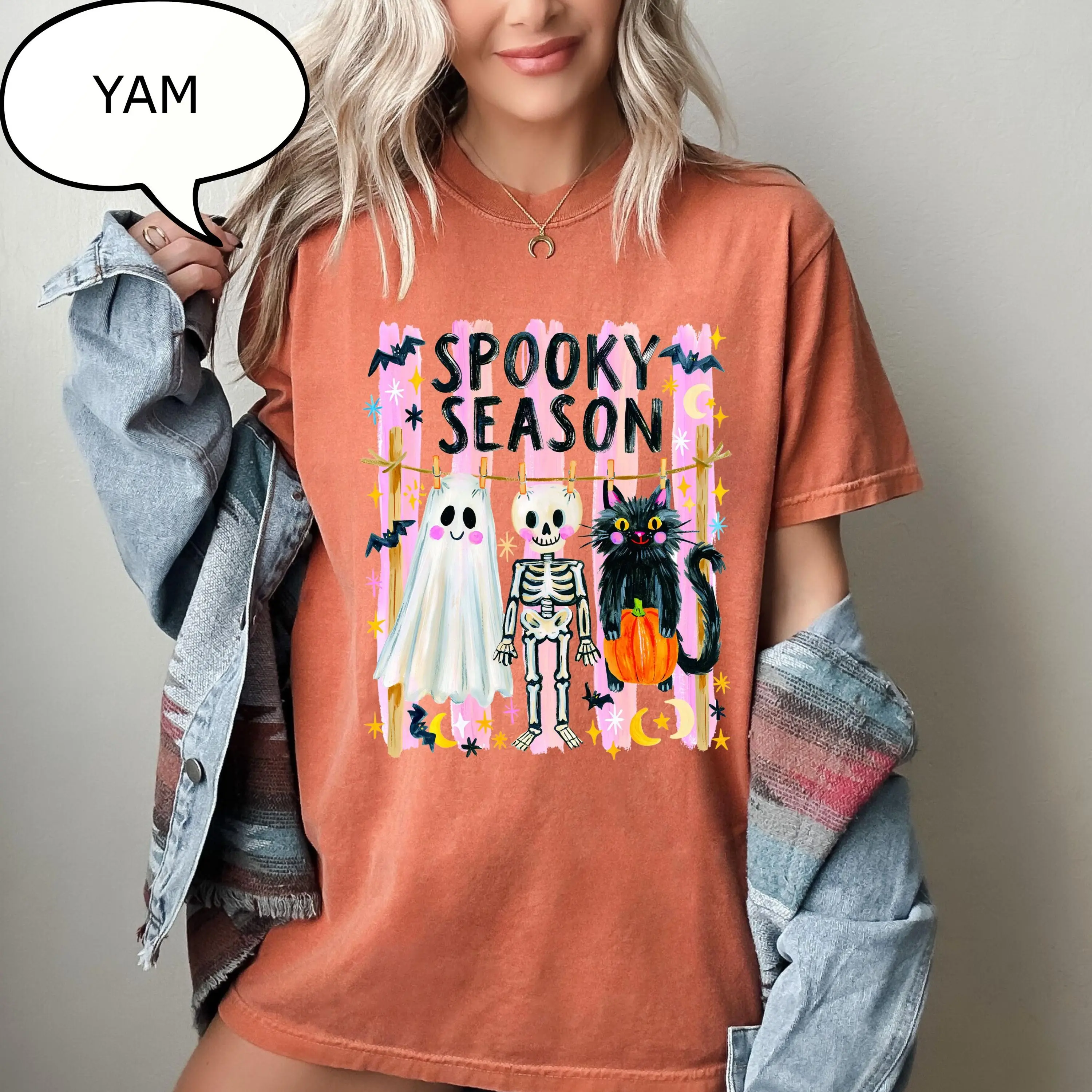 Comfort Colors Spooky Season T-Shirt, Halloween Ghost Cat Skeleton Graphic Tee, Cute Fall Gift - photo 4