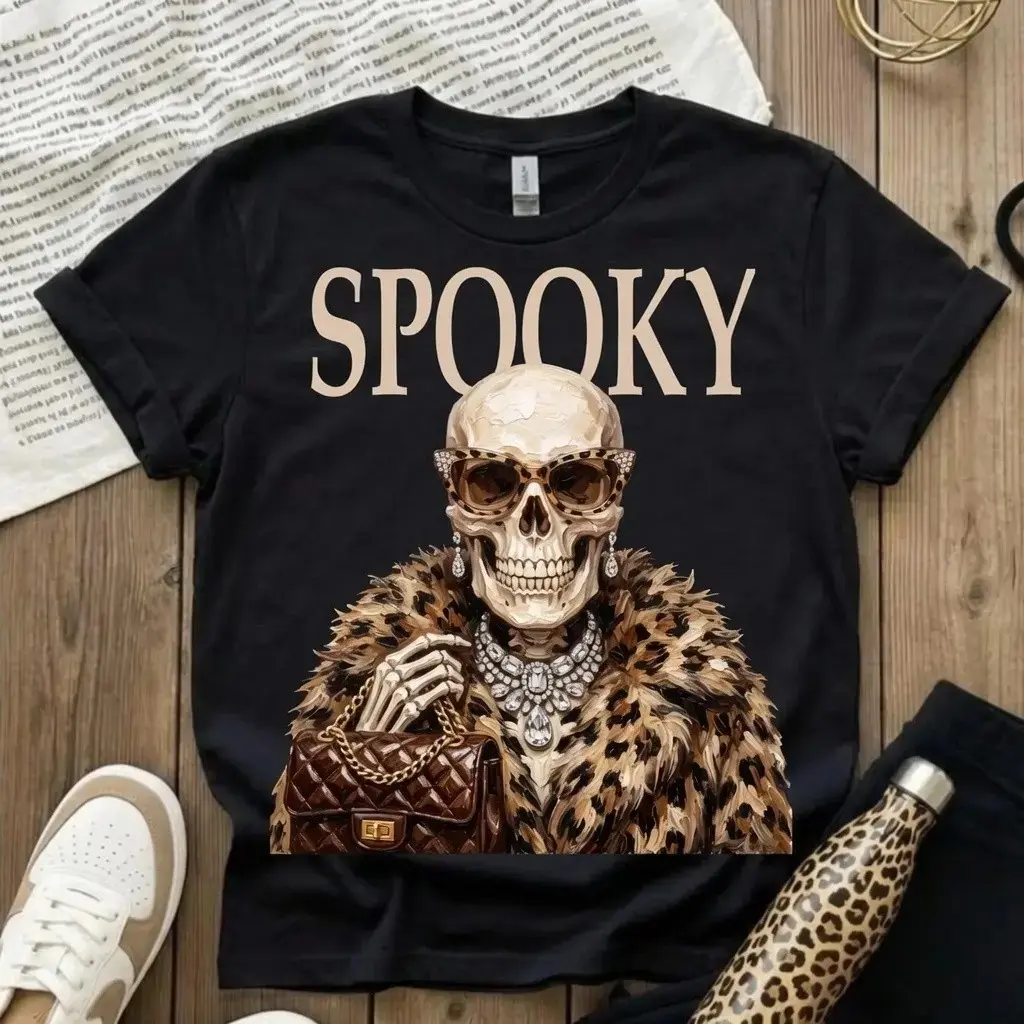 Comfort Colors Spooky Skeleton Leopard Print Halloween Shirt, Womens Boujee Luxury Chic Glam Diamond Graphic Tee, Cute Fall Top