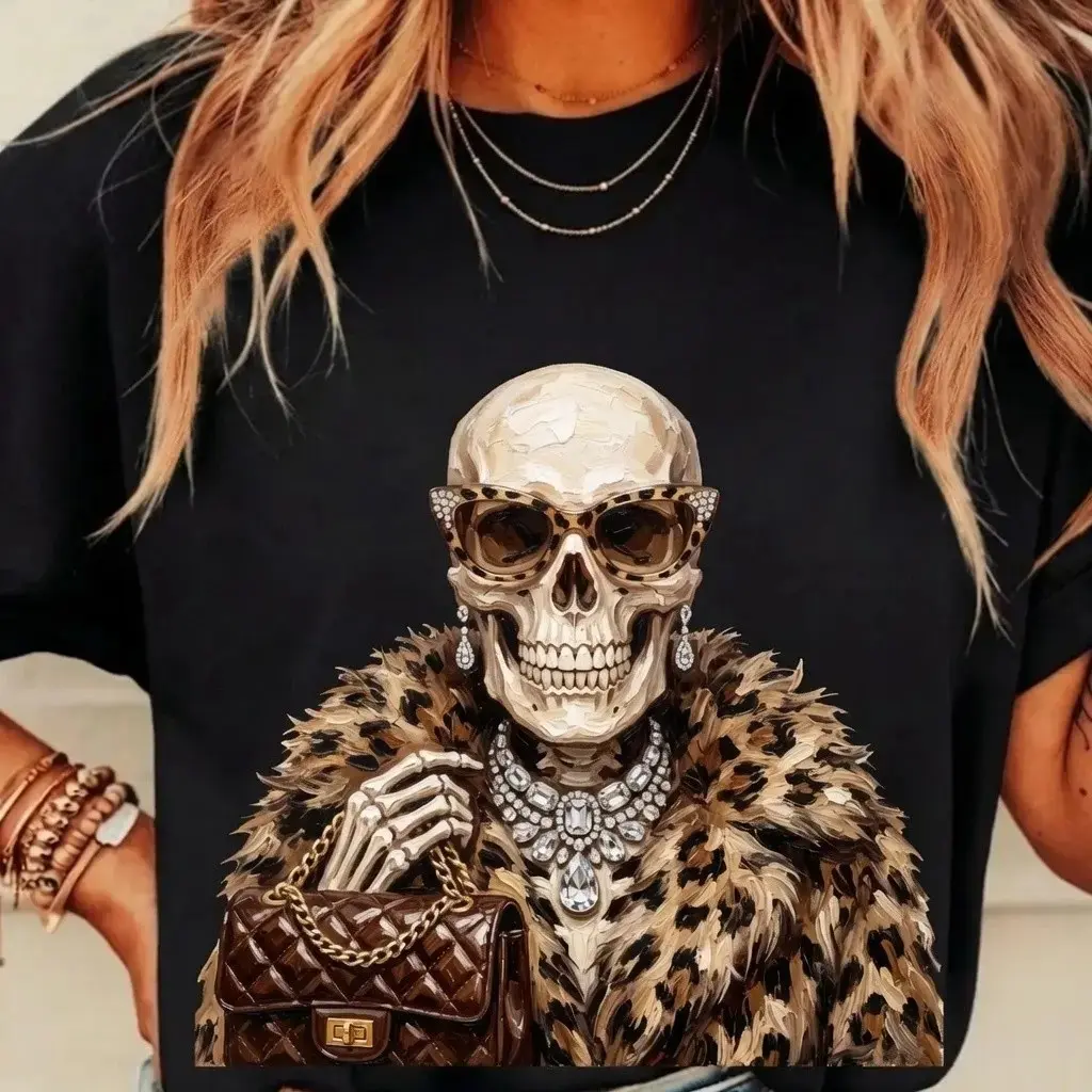 Comfort Colors Spooky Skeleton Leopard Print Halloween Shirt, Womens Boujee Luxury Chic Glam Diamond Graphic Tee, Cute Fall Top - photo 2
