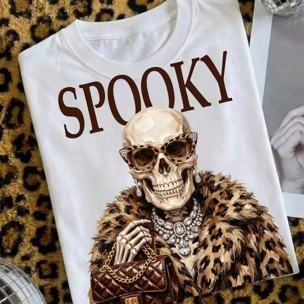 Comfort Colors Spooky Skeleton Leopard Print Halloween Shirt, Womens Boujee Luxury Chic Glam Diamond Graphic Tee, Cute Fall Top - photo 3