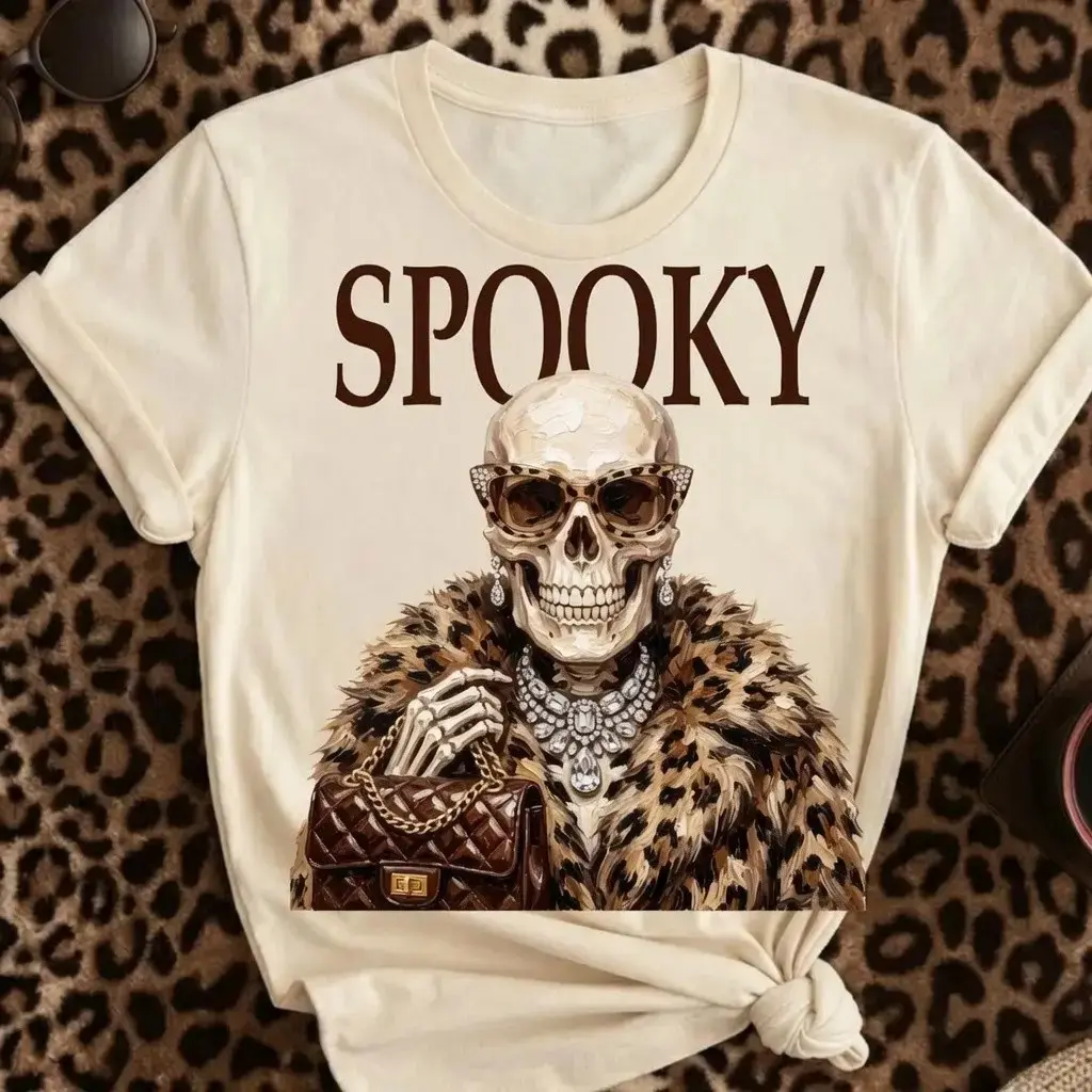 Comfort Colors Spooky Skeleton Leopard Print Halloween Shirt, Womens Boujee Luxury Chic Glam Diamond Graphic Tee, Cute Fall Top - photo 4