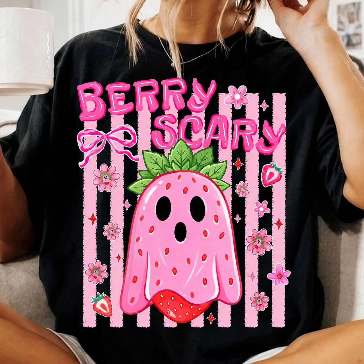 Comfort Colors Spooky Strawberry Ghost Shirt, Berry Scary Summerween Funny Preppy Halloween Tee