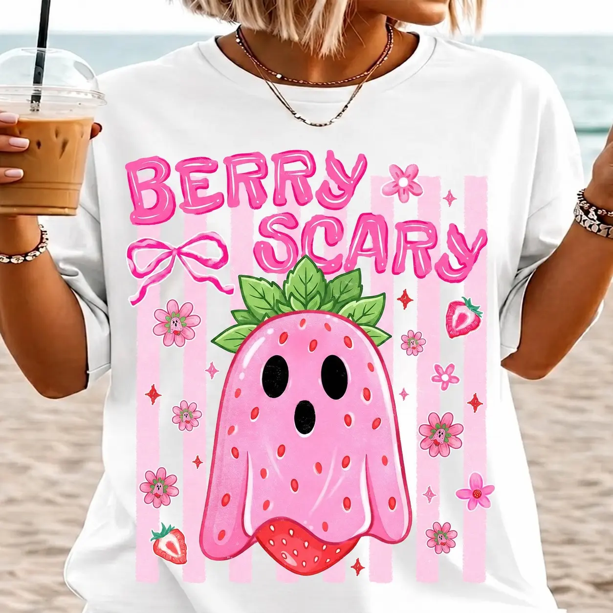 Comfort Colors Spooky Strawberry Ghost Shirt, Berry Scary Summerween Funny Preppy Halloween Tee - photo 4
