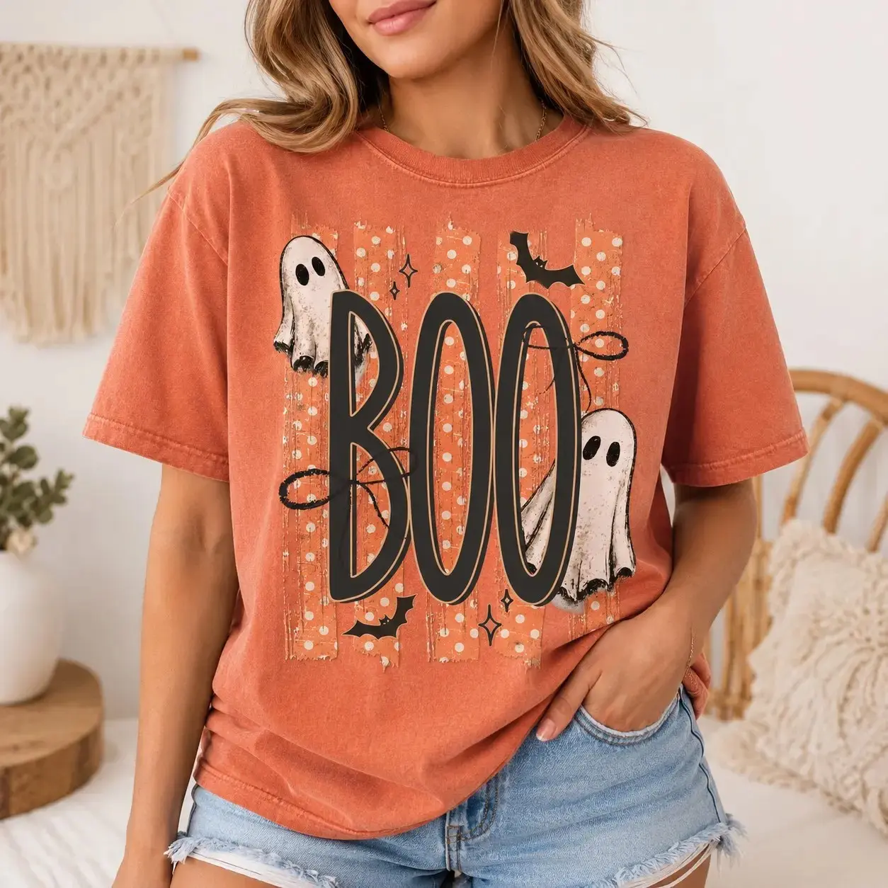 Comfort Colors Spooky Striped Ghost Shirt, Coquette Boo Print Trendy Fall Halloween Graphic Tee for Women - photo 1