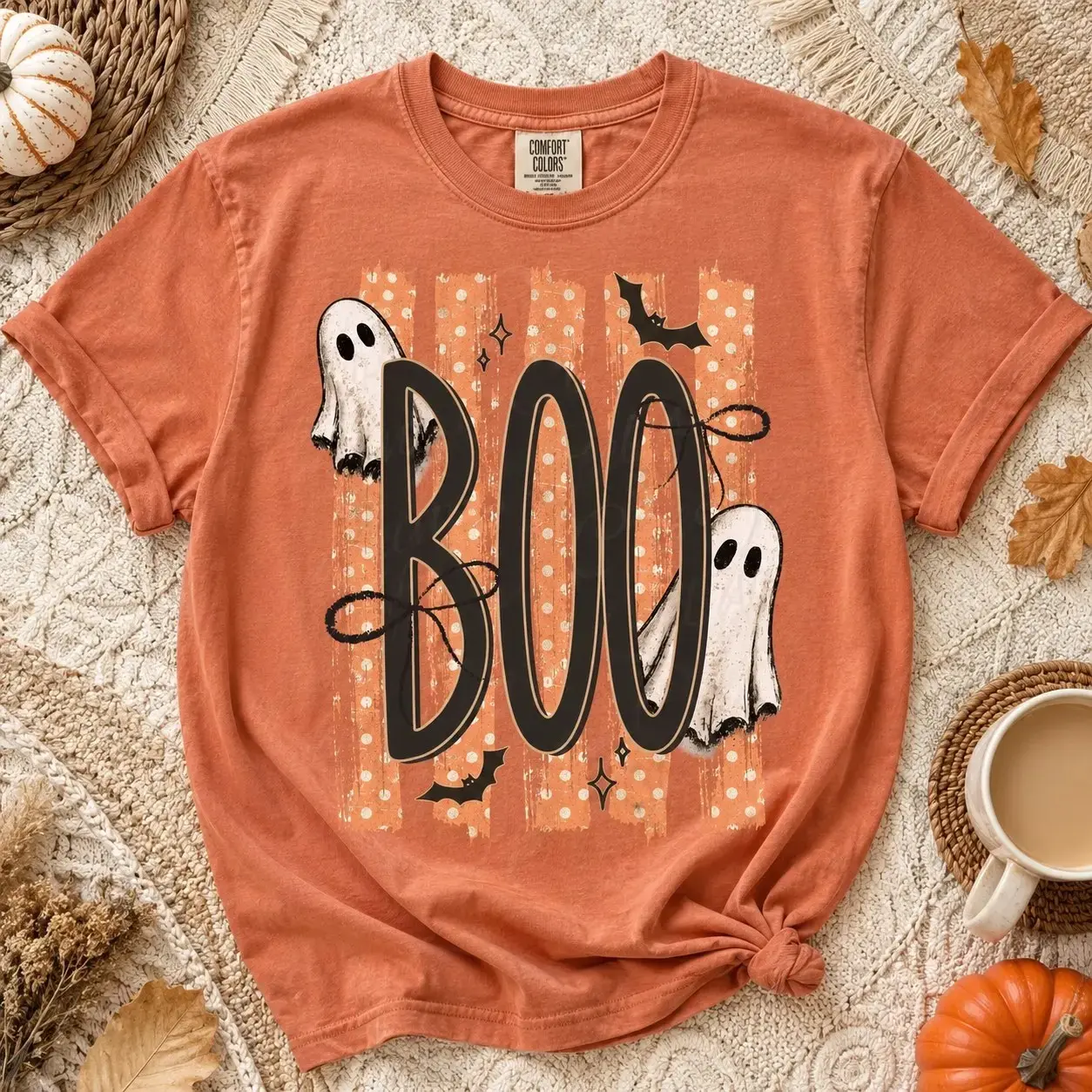 Comfort Colors Spooky Striped Ghost Shirt, Coquette Boo Print Trendy Fall Halloween Graphic Tee for Women - photo 2