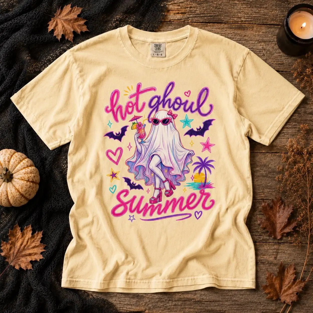 Comfort Colors Hot Ghoul Summer Shirt, Spooky Summerween Ghost Funny Halloween Cocktail Party Graphic Tee