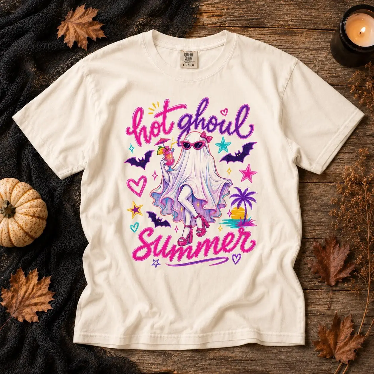 Comfort Colors Hot Ghoul Summer Shirt, Spooky Summerween Ghost Funny Halloween Cocktail Party Graphic Tee - photo 2