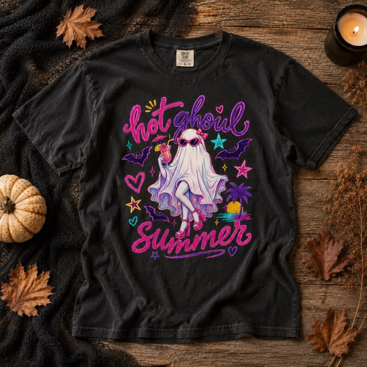 Comfort Colors Hot Ghoul Summer Shirt, Spooky Summerween Ghost Funny Halloween Cocktail Party Graphic Tee - photo 3