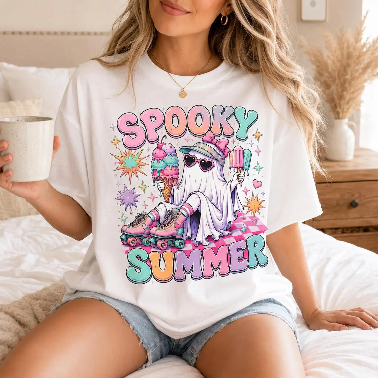 Comfort Colors Spooky Summerween Shirt, Cute Ghost Girly Summer Vibes Halloween Graphic Tee