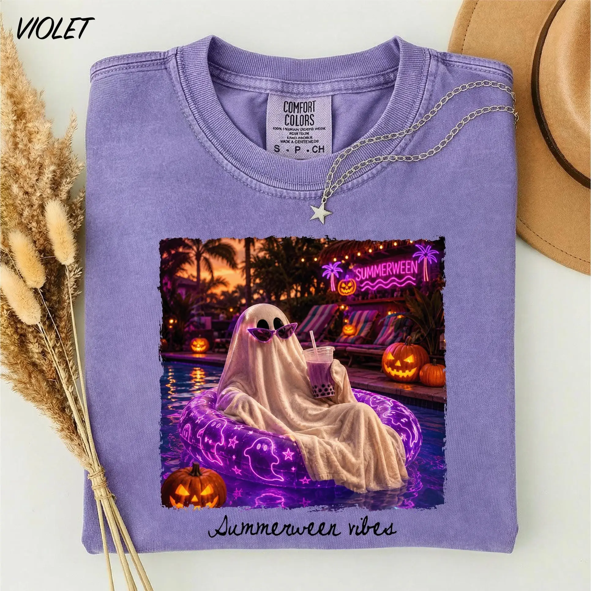 Comfort Colors Spooky Summerween Shirt, Girly Summer Vibes Funny Ghost Halloween Cocktail Graphic Tee