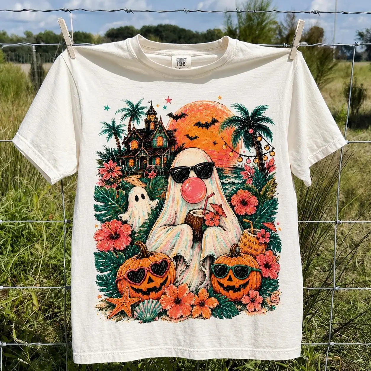 Comfort Colors Spooky Summerween Shirt, Tropical Girly Summer Vibes Halloween Graphic Tee