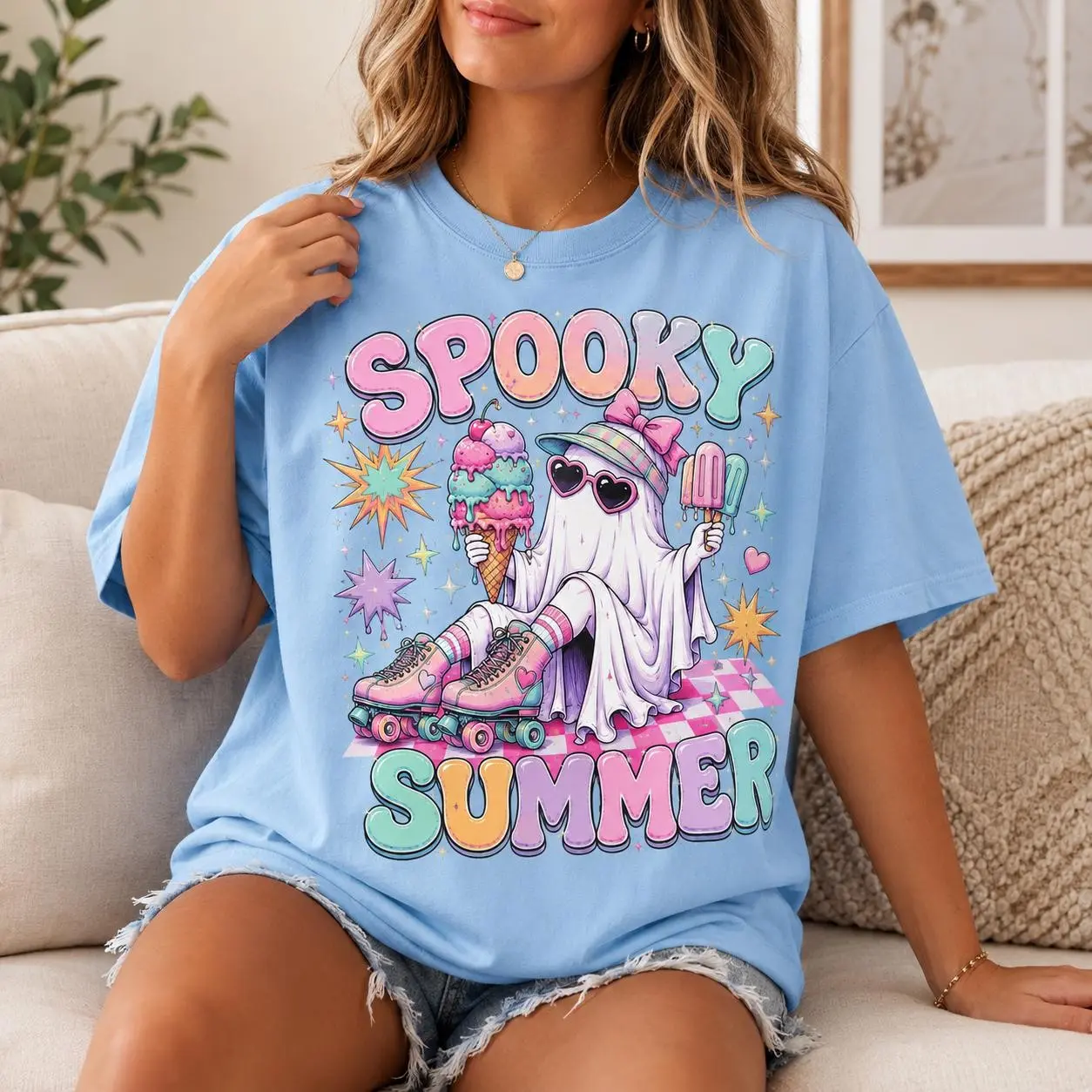 Comfort Colors Spooky Summerween Shirt, Cute Ghost Girly Summer Vibes Halloween Graphic Tee - photo 2