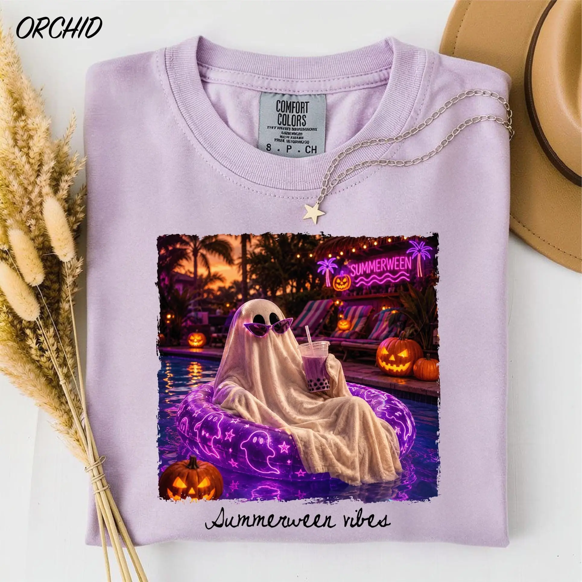 Comfort Colors Spooky Summerween Shirt, Girly Summer Vibes Funny Ghost Halloween Cocktail Graphic Tee - photo 2