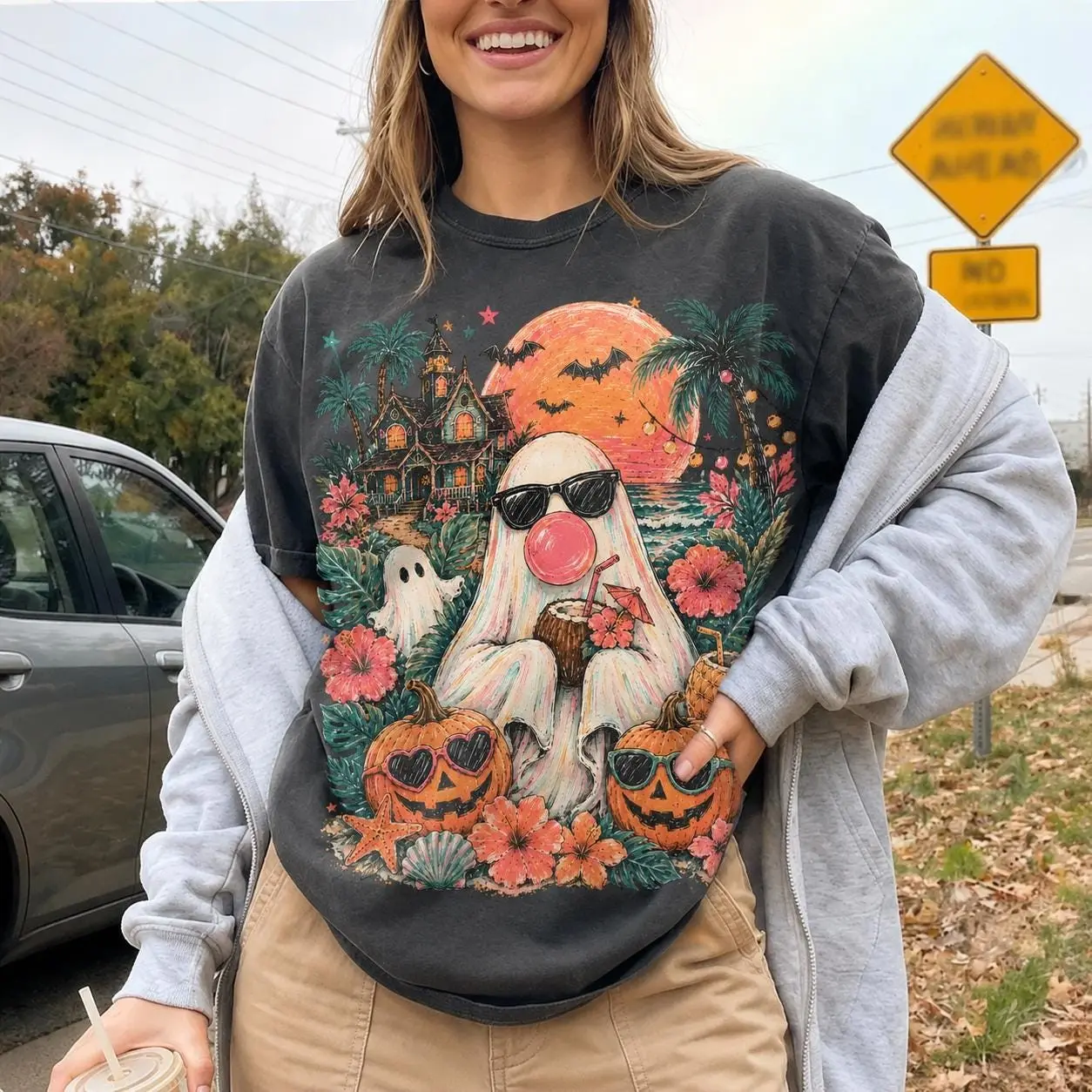 Comfort Colors Spooky Summerween Shirt, Tropical Girly Summer Vibes Halloween Graphic Tee - photo 2
