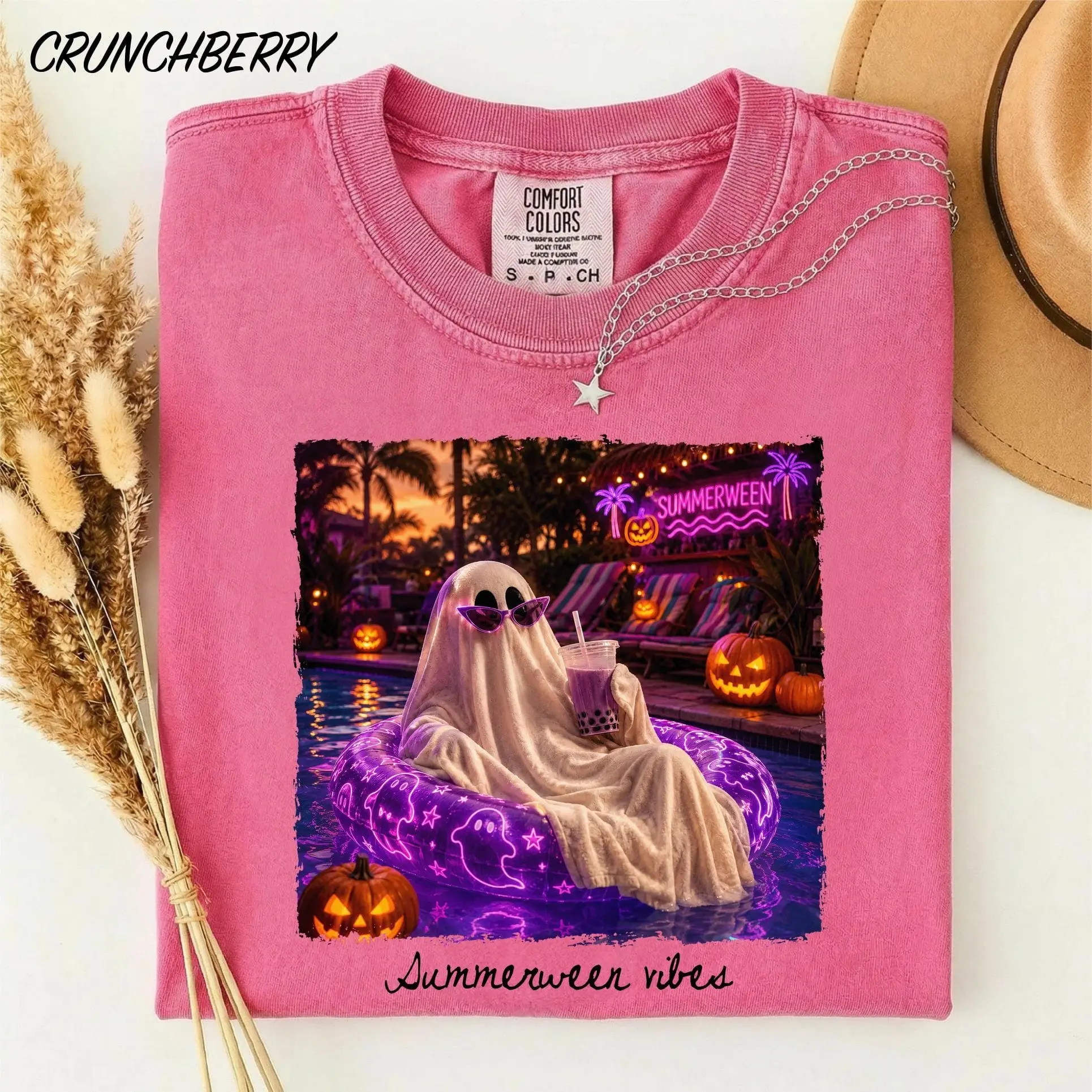 Comfort Colors Spooky Summerween Shirt, Girly Summer Vibes Funny Ghost Halloween Cocktail Graphic Tee - photo 3