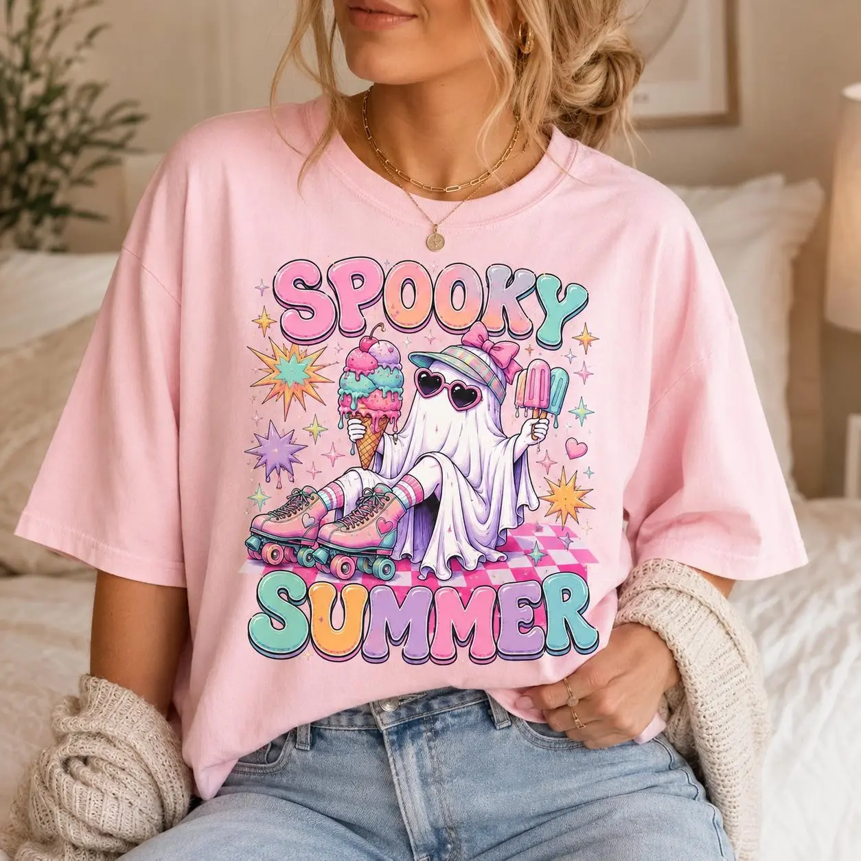 Comfort Colors Spooky Summerween Shirt, Cute Ghost Girly Summer Vibes Halloween Graphic Tee - photo 3