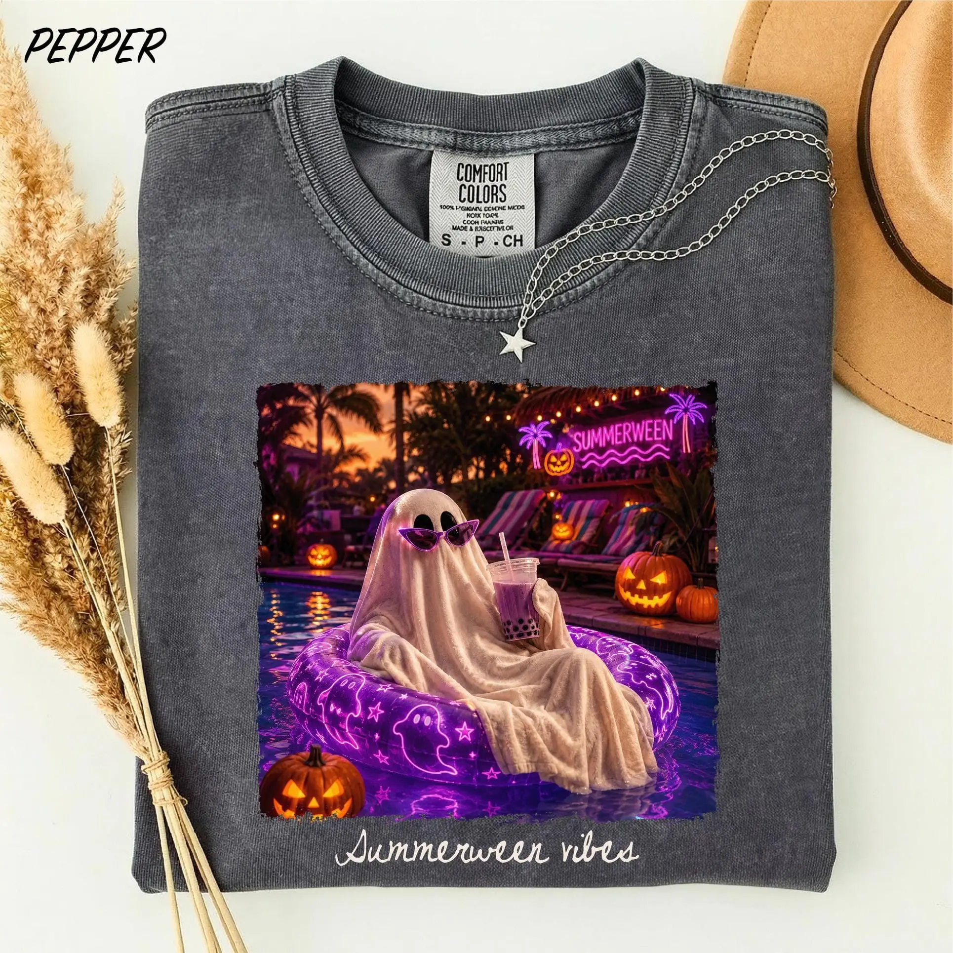 Comfort Colors Spooky Summerween Shirt, Girly Summer Vibes Funny Ghost Halloween Cocktail Graphic Tee - photo 4