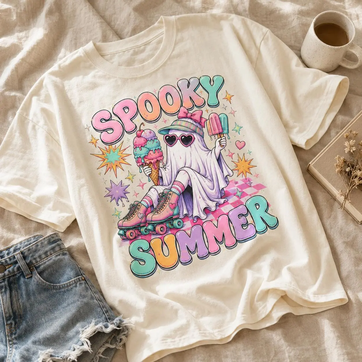Comfort Colors Spooky Summerween Shirt, Cute Ghost Girly Summer Vibes Halloween Graphic Tee - photo 4