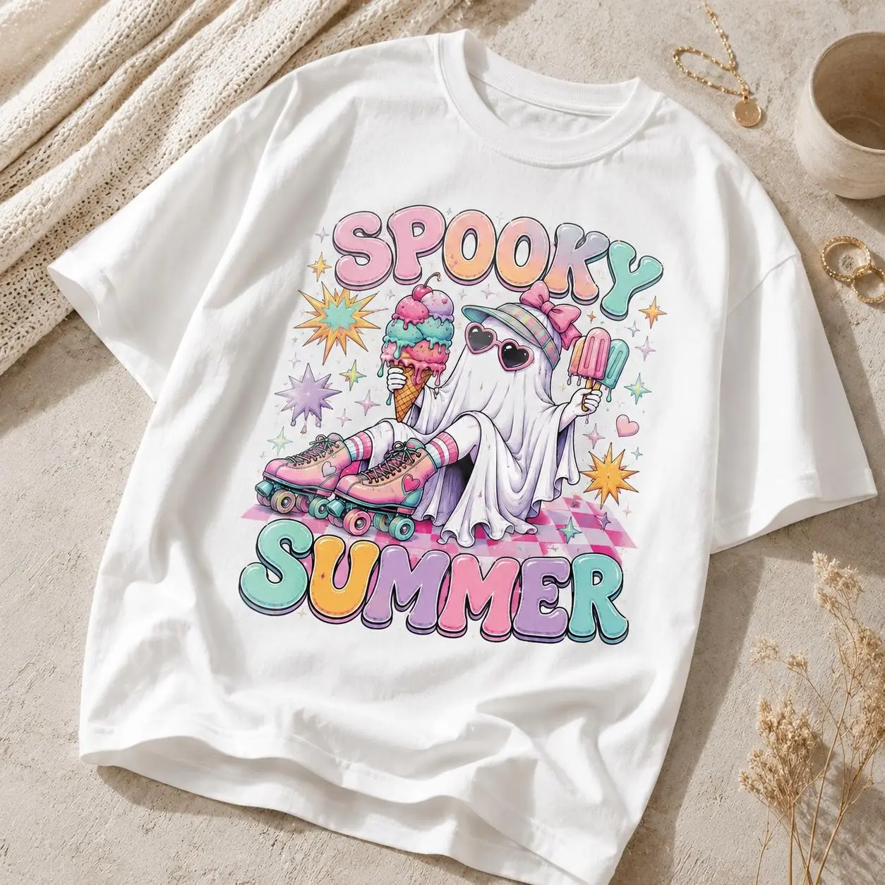 Comfort Colors Spooky Summerween Shirt, Cute Ghost Girly Summer Vibes Halloween Graphic Tee - photo 5