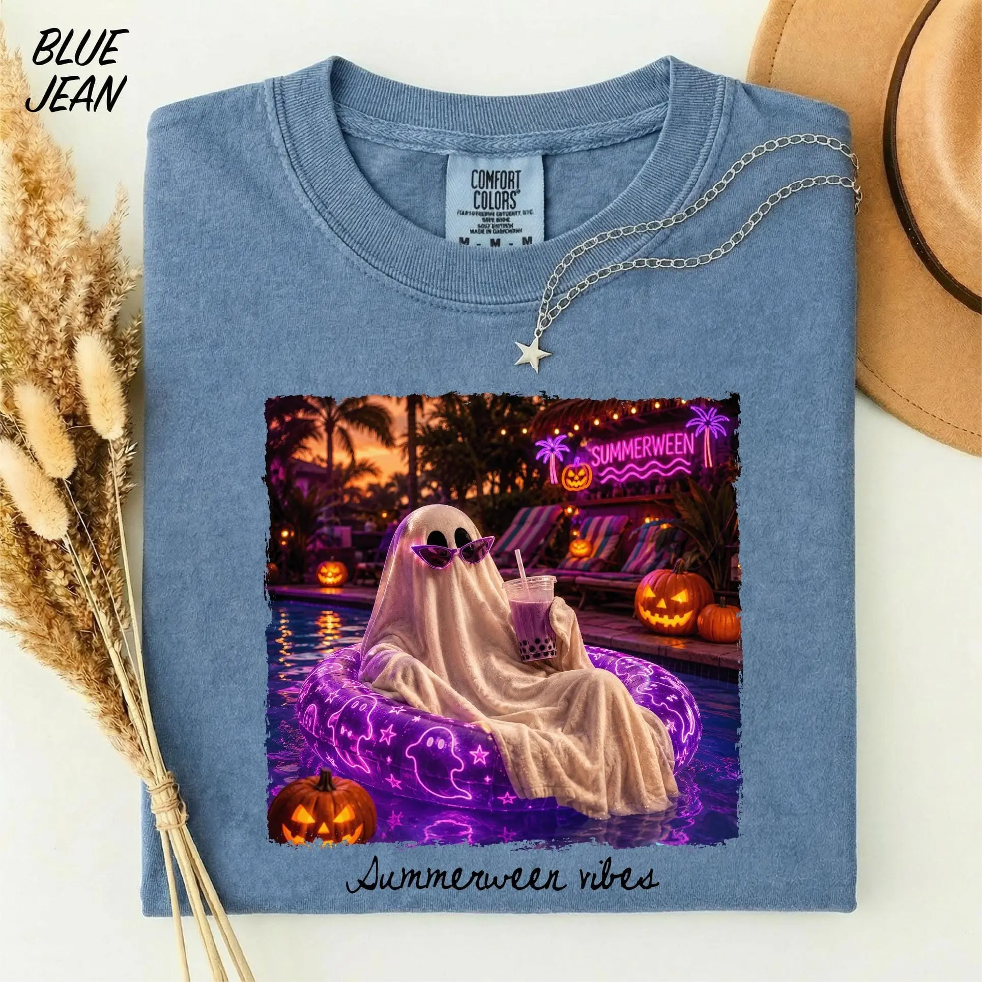 Comfort Colors Spooky Summerween Shirt, Girly Summer Vibes Funny Ghost Halloween Cocktail Graphic Tee - photo 5