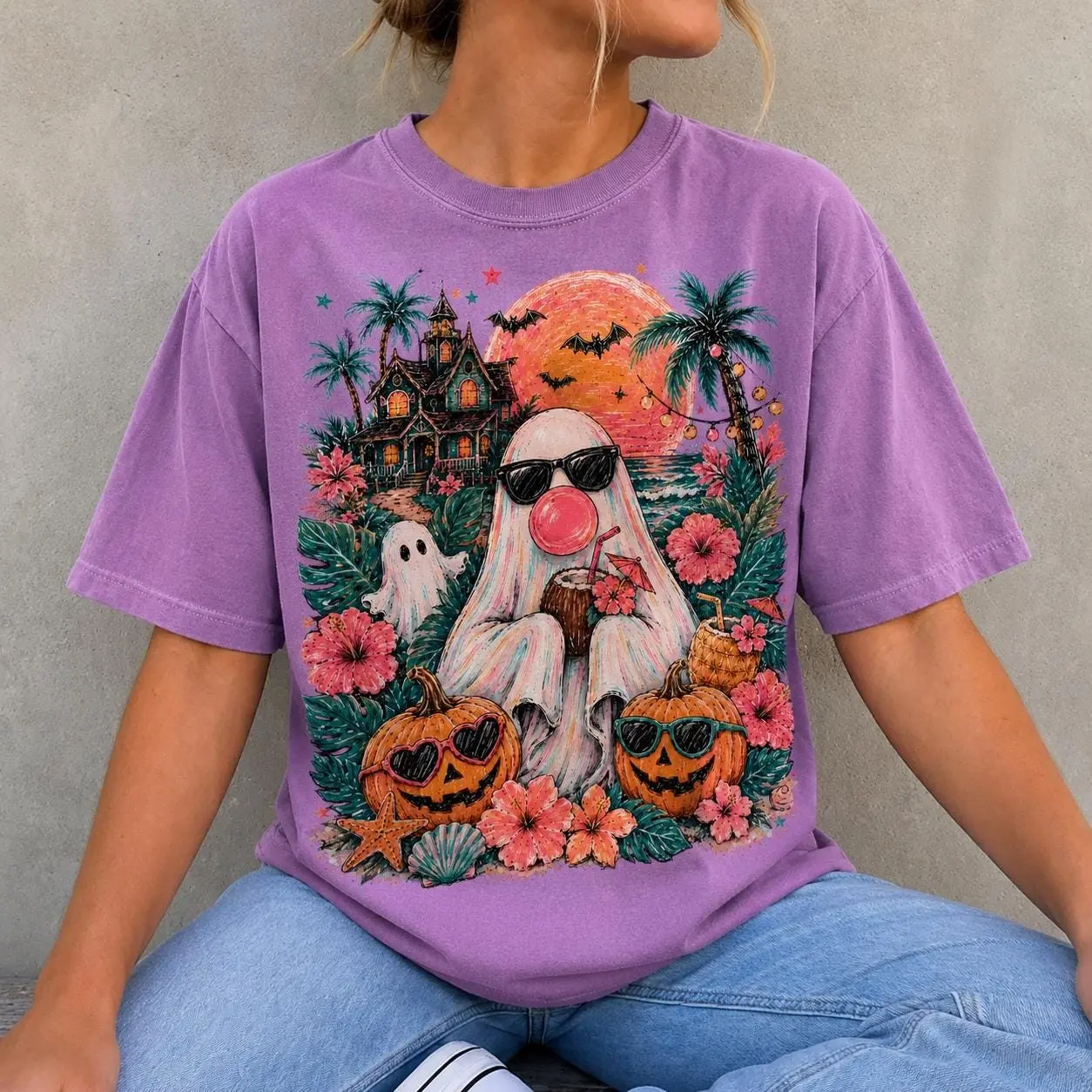 Comfort Colors Spooky Summerween Shirt, Tropical Girly Summer Vibes Halloween Graphic Tee - photo 5