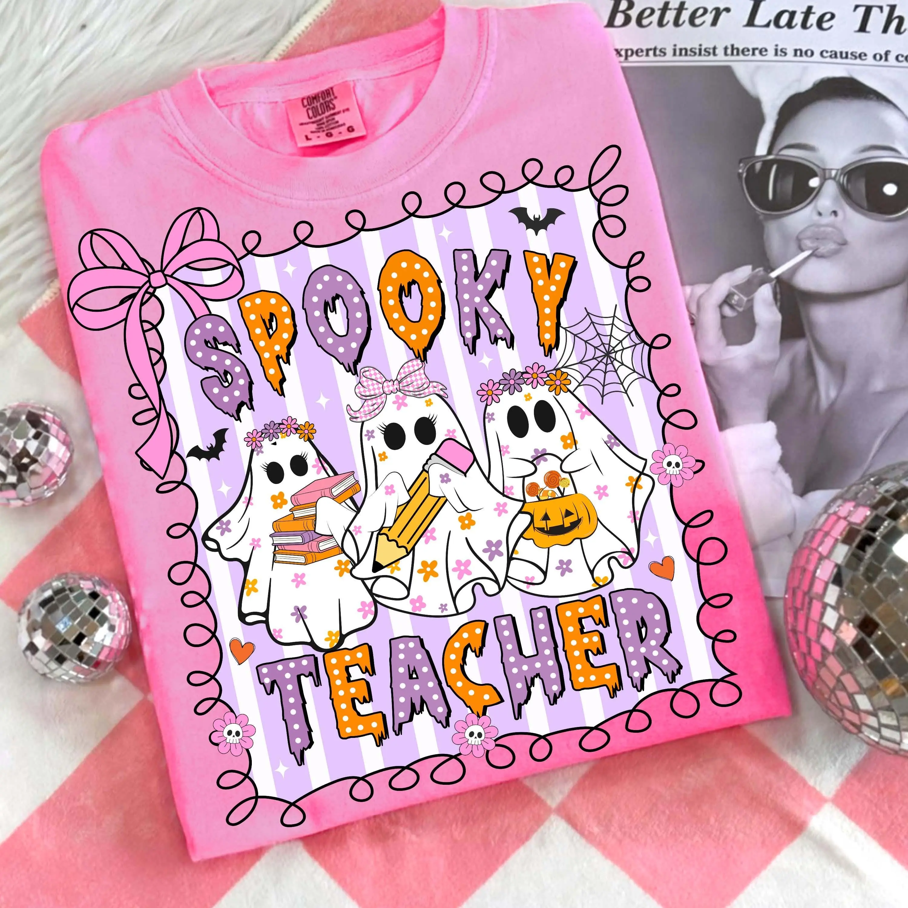 Comfort Colors Trick or Teach Halloween Shirt, Coquette Ghost Pumpkin Graphic Tee, Spooky Teacher Gift
