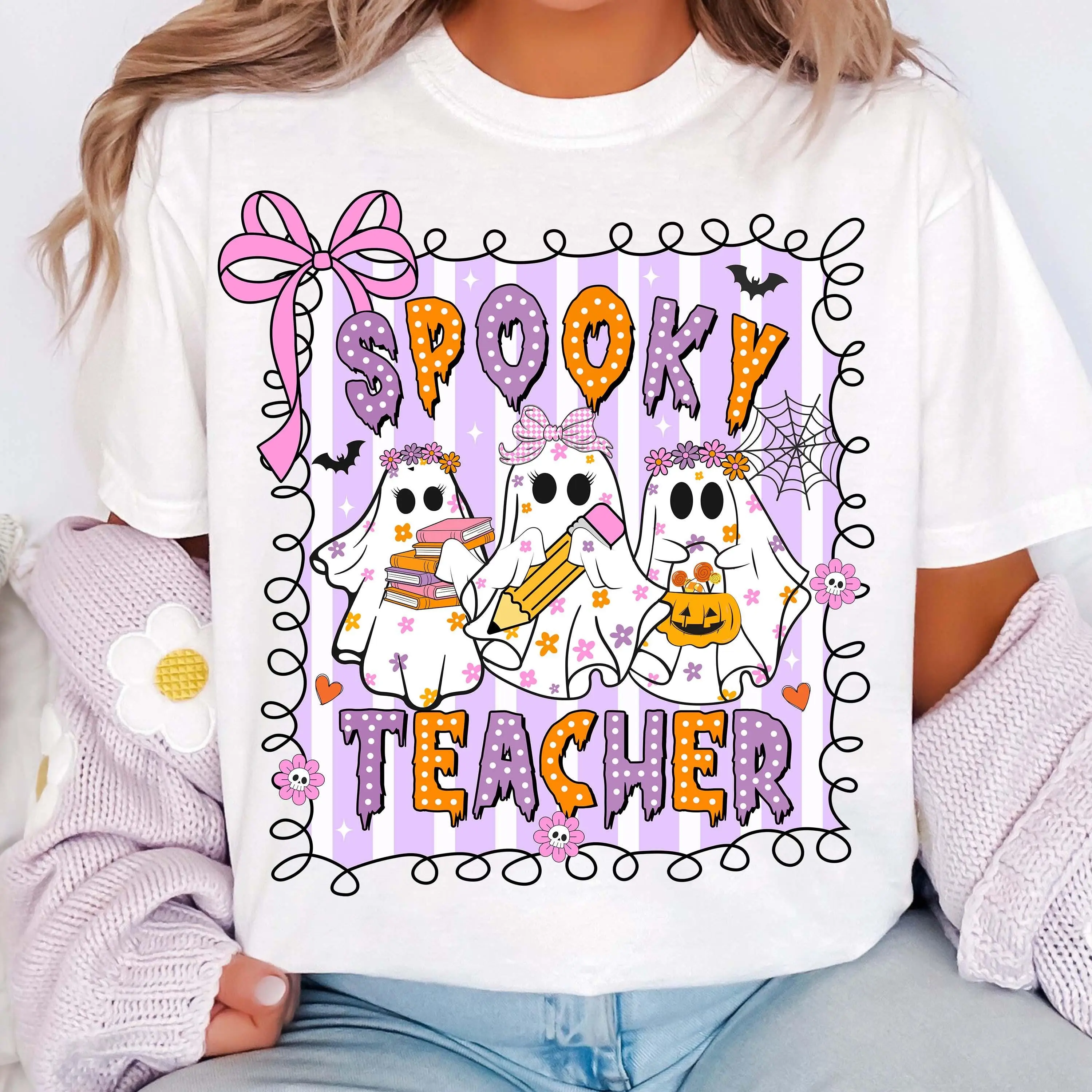 Comfort Colors Trick or Teach Halloween Shirt, Coquette Ghost Pumpkin Graphic Tee, Spooky Teacher Gift - photo 2