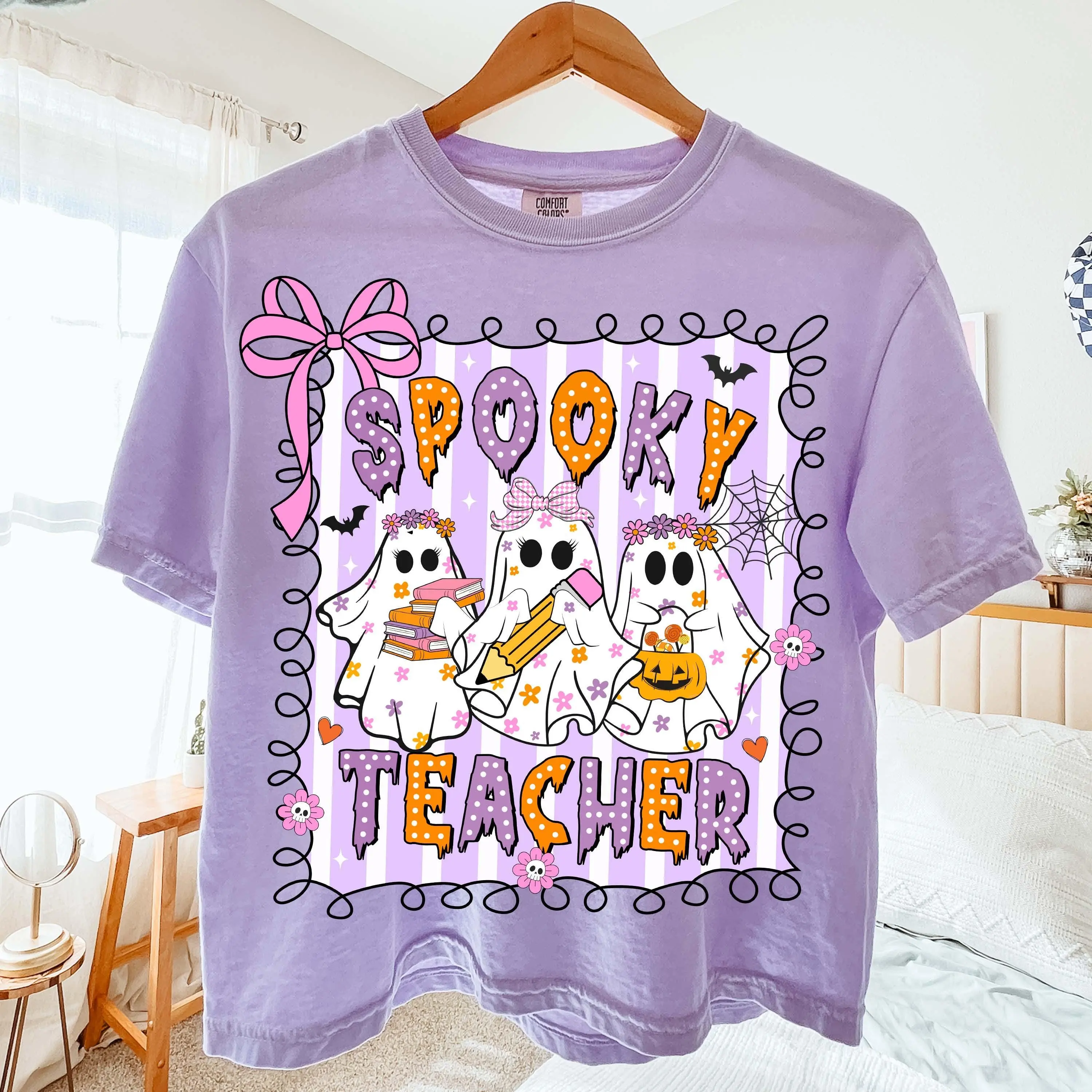 Comfort Colors Trick or Teach Halloween Shirt, Coquette Ghost Pumpkin Graphic Tee, Spooky Teacher Gift - photo 3