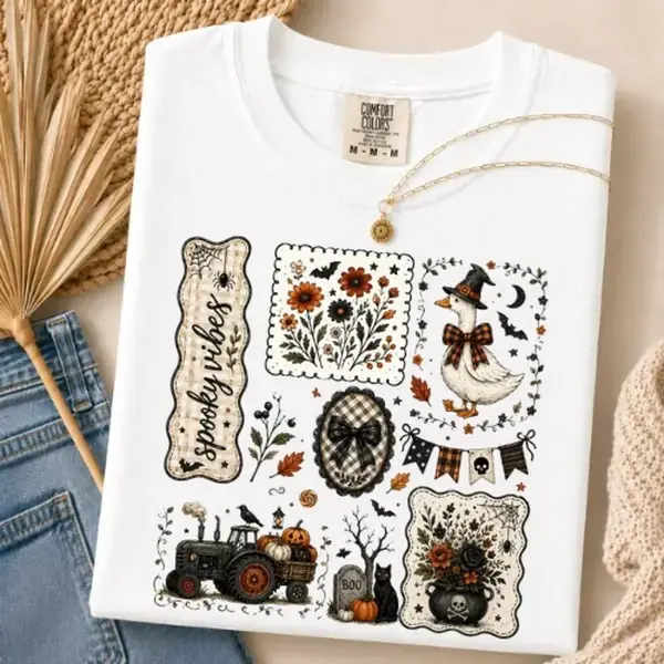 Comfort Colors Spooky Things Goose Shirt, Halloween Coquette Farmhouse Graphic Tee, Pumpkin Tractor Ghost Decor Fall Gift