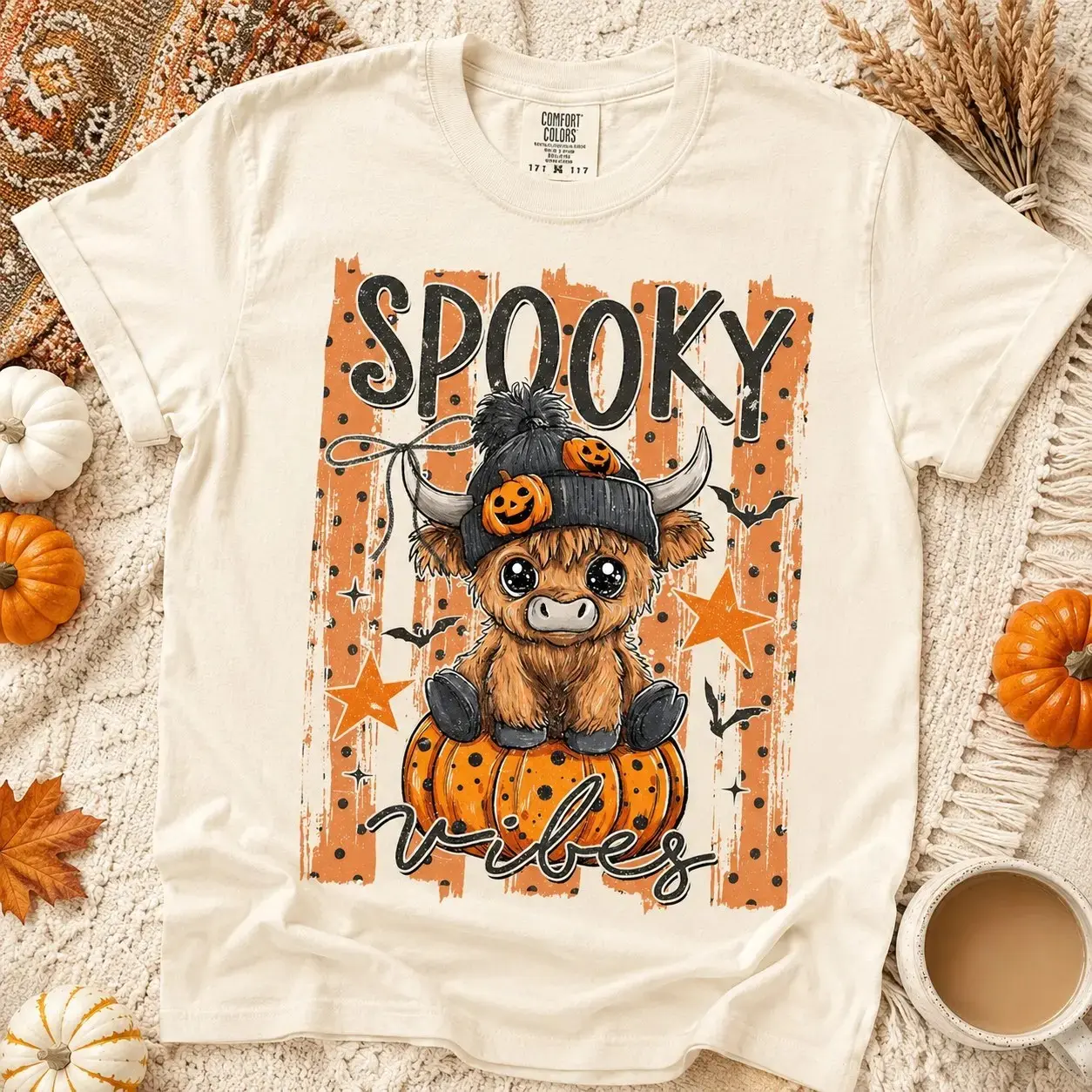 Comfort Colors Spooky Vibes Highland Cow Pumpkin Shirt for Women, Halloween Celebration Tee, Cute Autumn Fall Short Sleeve Top - photo 2