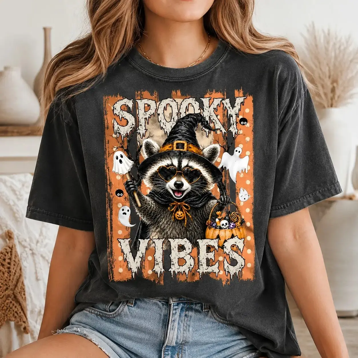 Comfort Colors Spooky Vibes Raccoon Sunglasses Shirt for Women, Trick or Treat Halloween Tee, Retro Wildlife Autumn Cute Teen Top - photo 2
