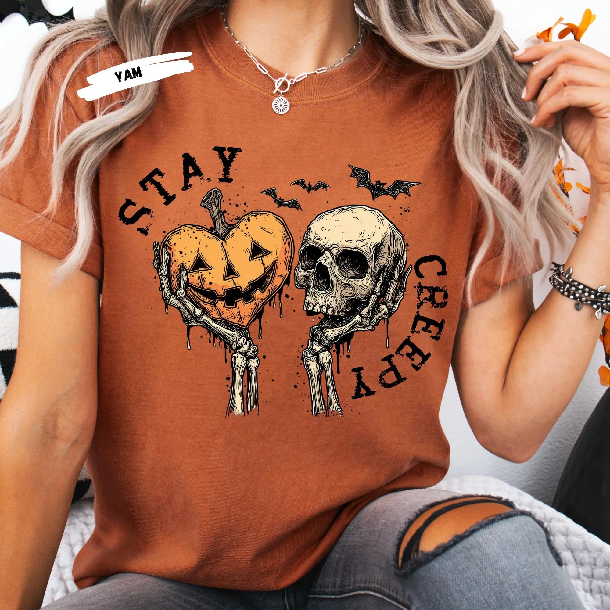 Comfort Colors Stay Creepy Halloween Shirt: Skull & Pumpkin Heart