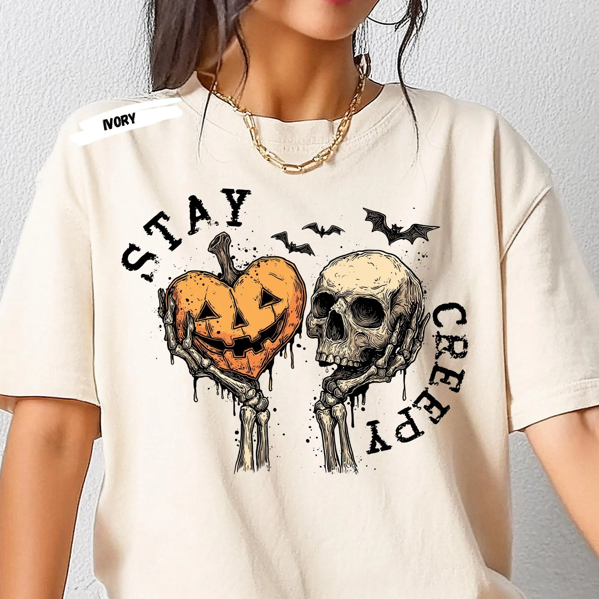 Comfort Colors Stay Creepy Halloween Shirt: Skull & Pumpkin Heart - photo 3