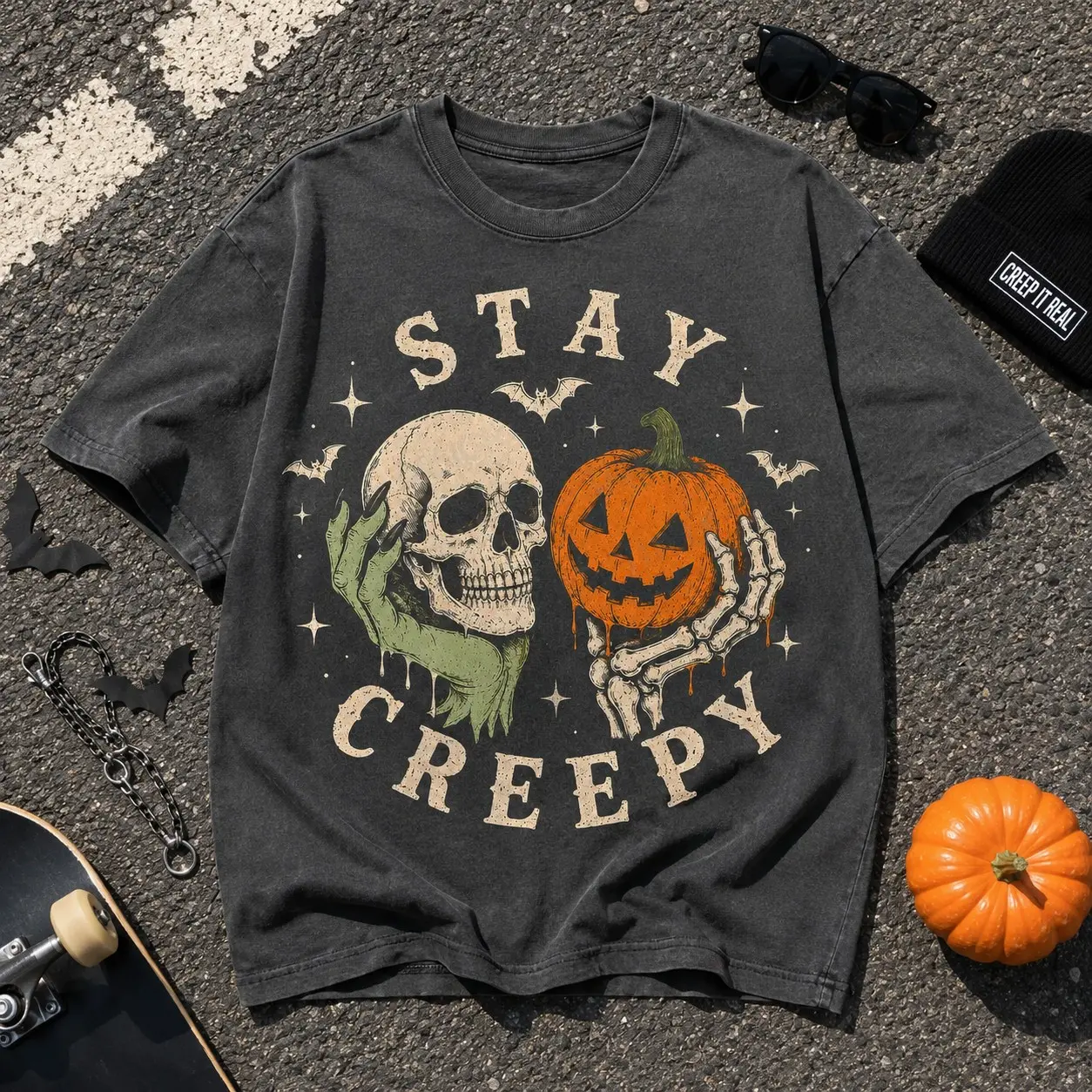 Comfort Colors Stay Creepy Shirt, Retro Dripping Skeleton Halloween Tee, Pumpkin Gothic Grunge Horror Unisex Graphic Top