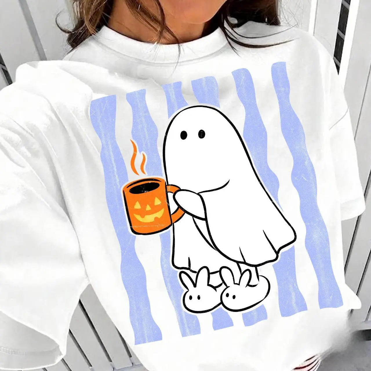 Comfort Colors Striped Ghost Coffee Shirt, Cute Funny Spooky Halloween Graphic Tee