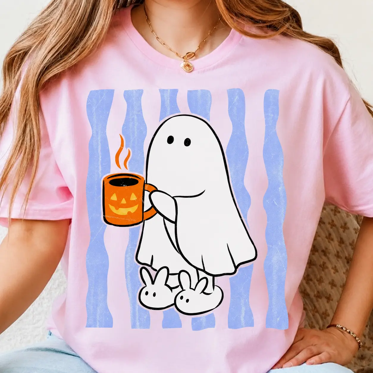 Comfort Colors Striped Ghost Coffee Shirt, Cute Funny Spooky Halloween Graphic Tee - photo 3