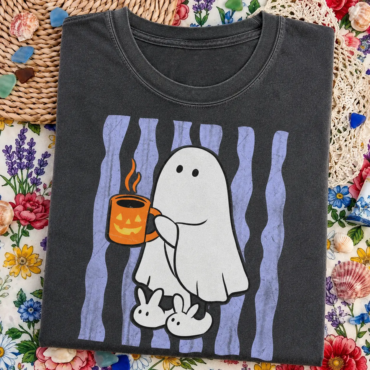 Comfort Colors Striped Ghost Coffee Shirt, Cute Funny Spooky Halloween Graphic Tee - photo 4